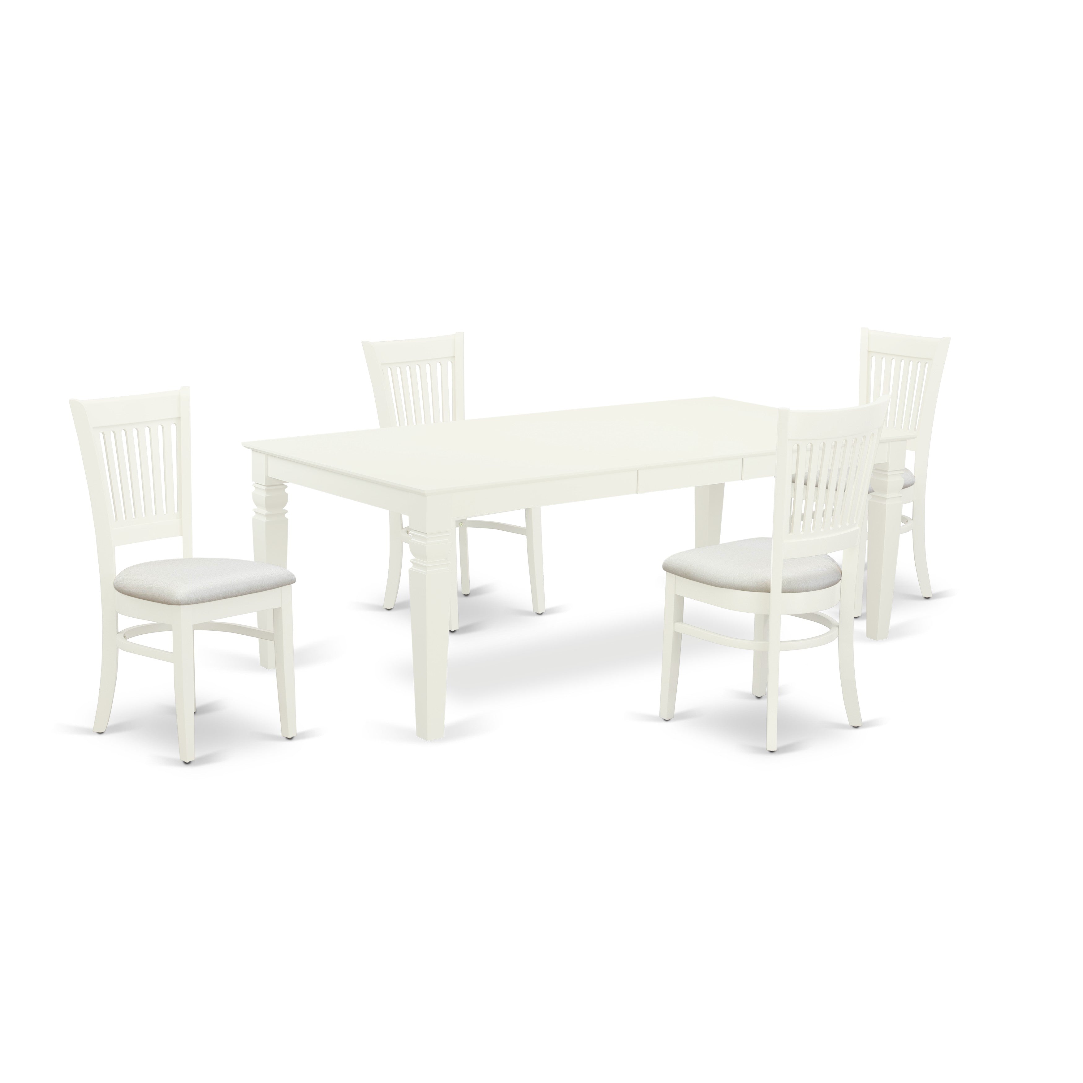 East West Furniture LGVA5-LWH-C 5-Pc Dining Room table set-4 Wooden Dining Chairs with Slatted Back and Linen fabric seat-A Dinner Table with Butterfly Leaf and Rectangular Top and 4 Legs- Linen White Finish