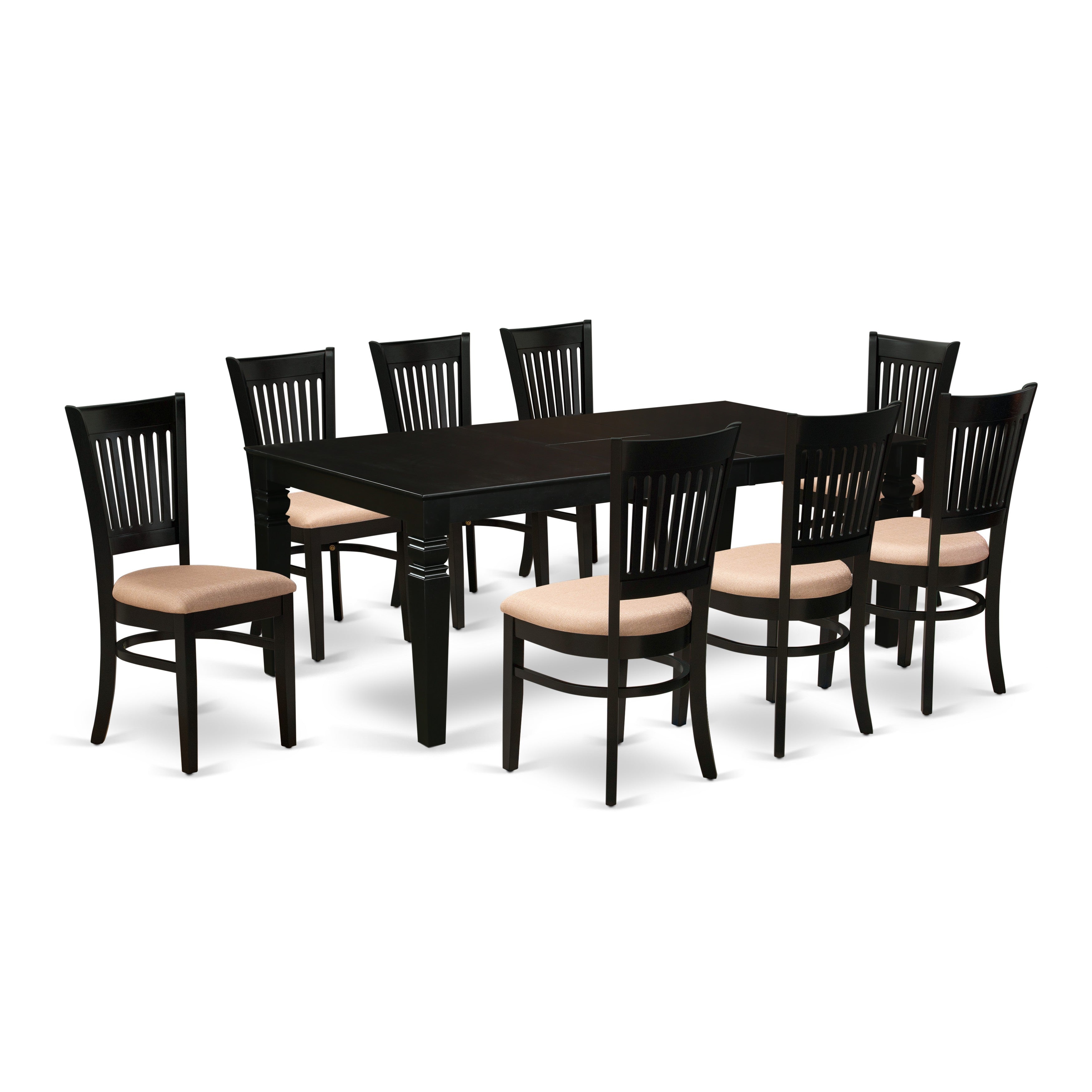 East West Furniture LGVA9-BLK-C 9-Pc Wood Dining table set-8 Dining Chairs with Slatted Back and Linen fabric seat-A Butterfly Leaf Kitchen Table with Rectangular Top and 4 Legs- Black Finish