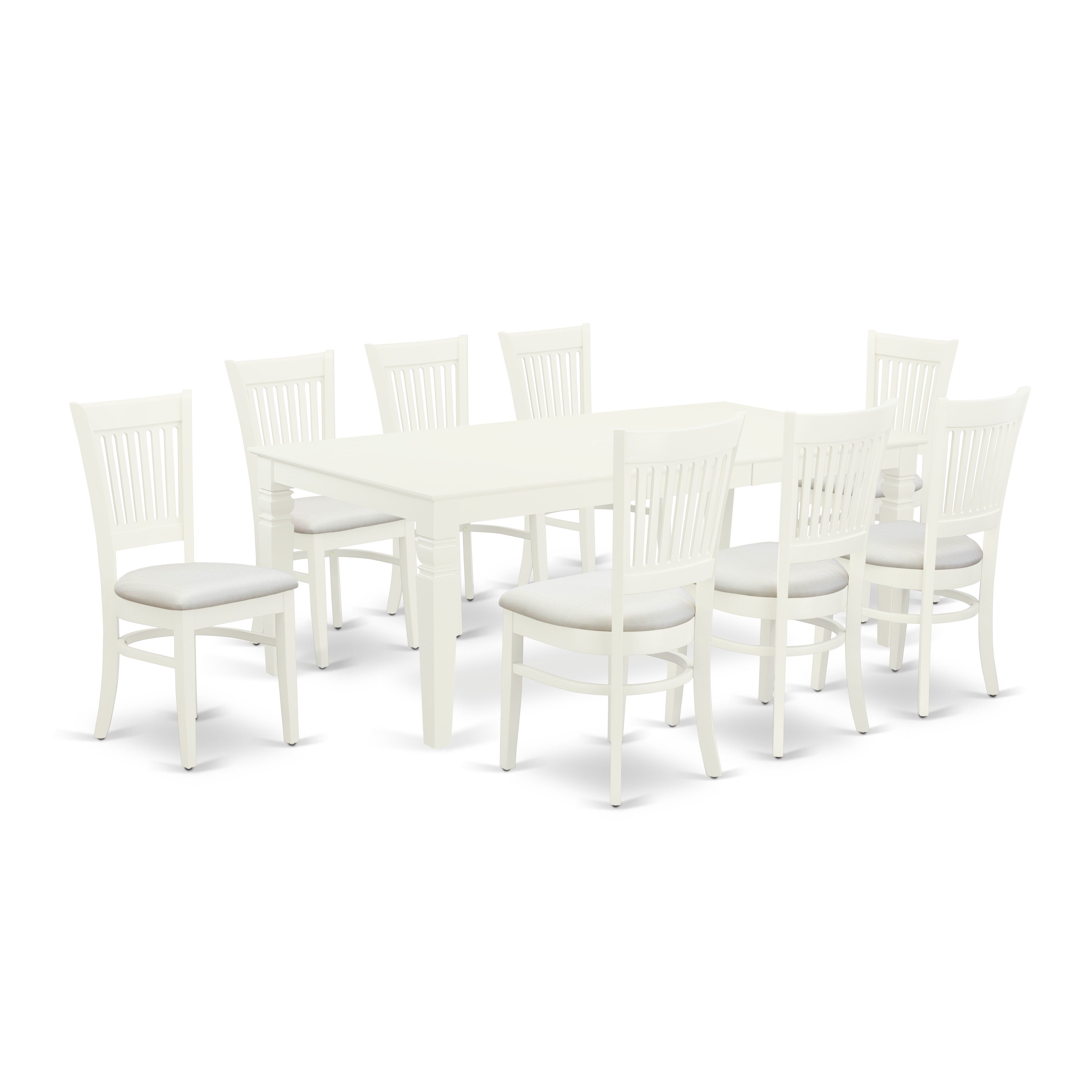 East West Furniture LGVA9-LWH-C 9-Pc kitchen dining table set-8 wooden chairs with Slatted Back and Linen fabric seat-A Butterfly Leaf breakfast table with Rectangular Top and 4 Legs- Linen White Finish