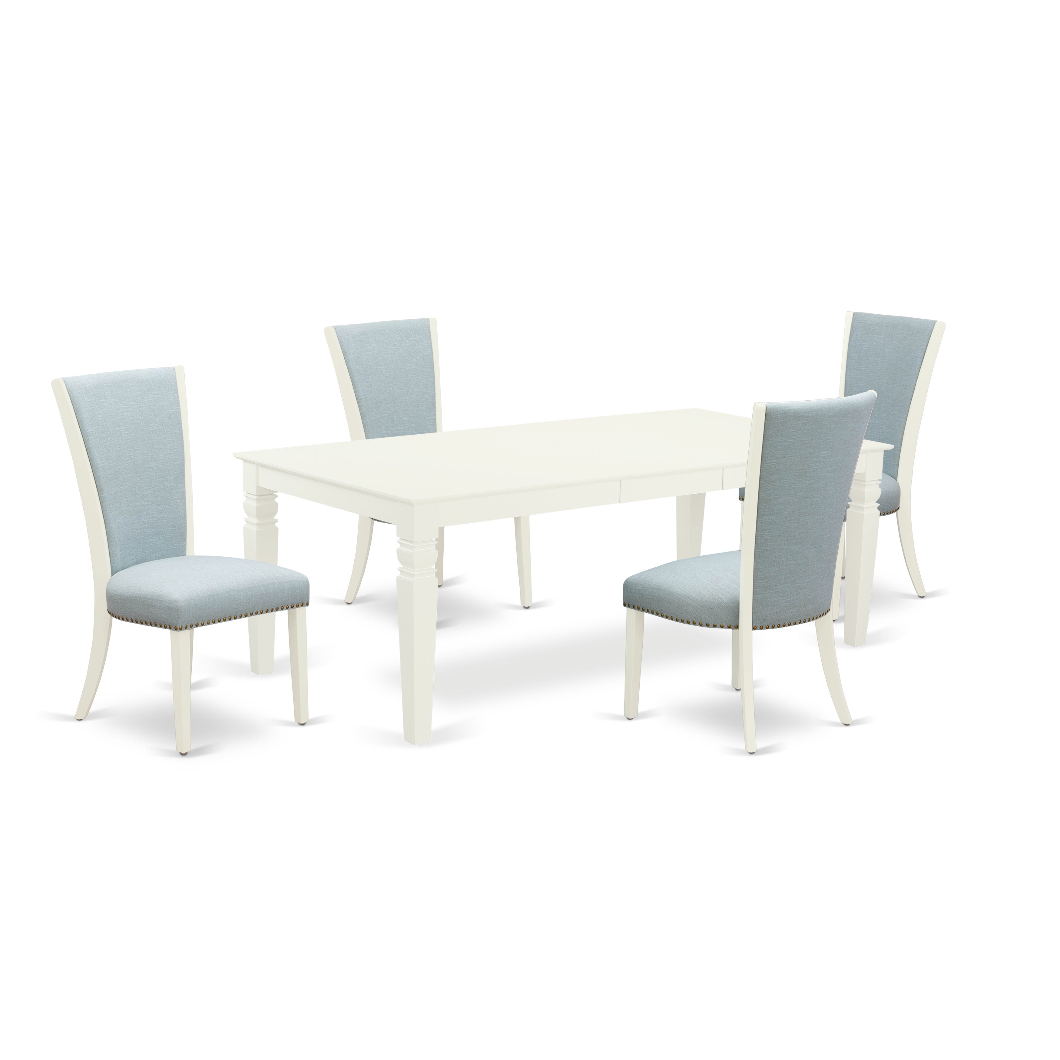 EAST WEST FURNITURE - LGVE5-LWH-15 - 5 Pc Modern Dining Table Set - 4 Baby Blue Linen Fabric Mid Century Dining Chairs with High Back and 1 Removable leaf Wooden Dining Table - linen white Finish