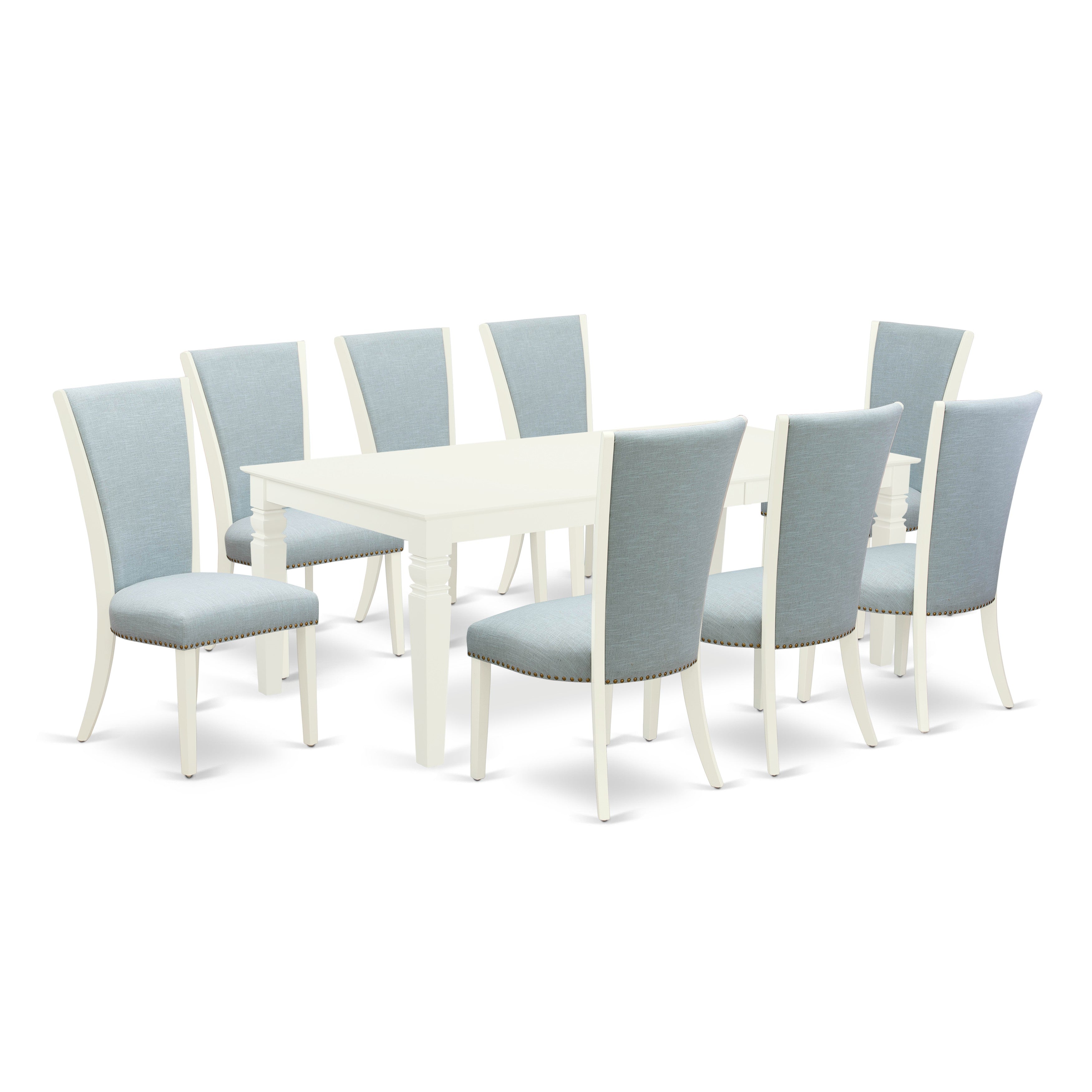 Juego de comedor East West Furniture LGVE9-LWH-15 de 9 piezas. Incluye una mesa de comedor rectangular con diseño de hojas de mariposa y 8 sillas tapizadas en tela de lino azul bebé.
