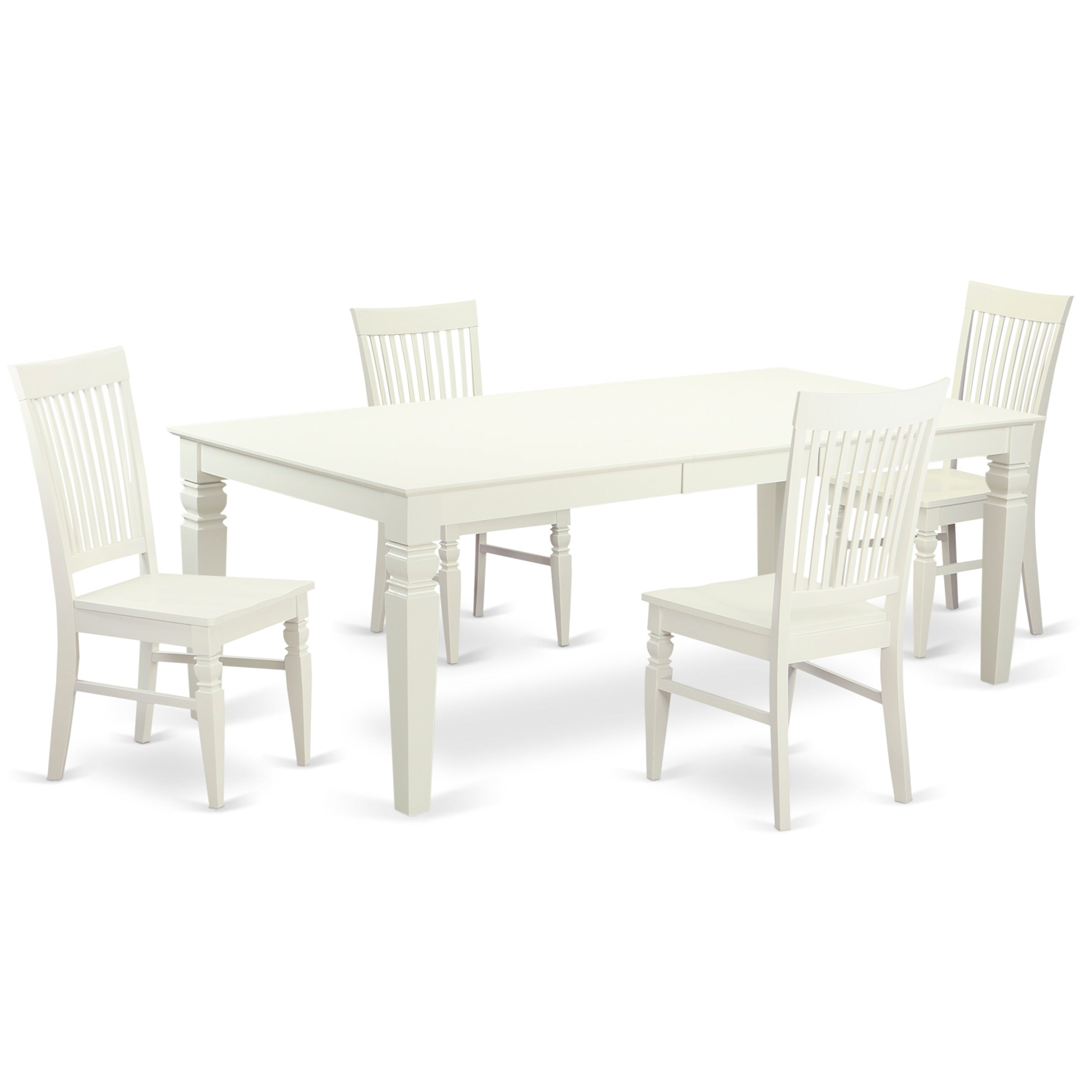 Juego de mesa de cocina de 5 piezas East West Furniture LGWE5-LWH-W para 4 personas. Incluye una mesa de comedor rectangular con diseño de hojas de mariposa y 4 sillas de madera maciza.