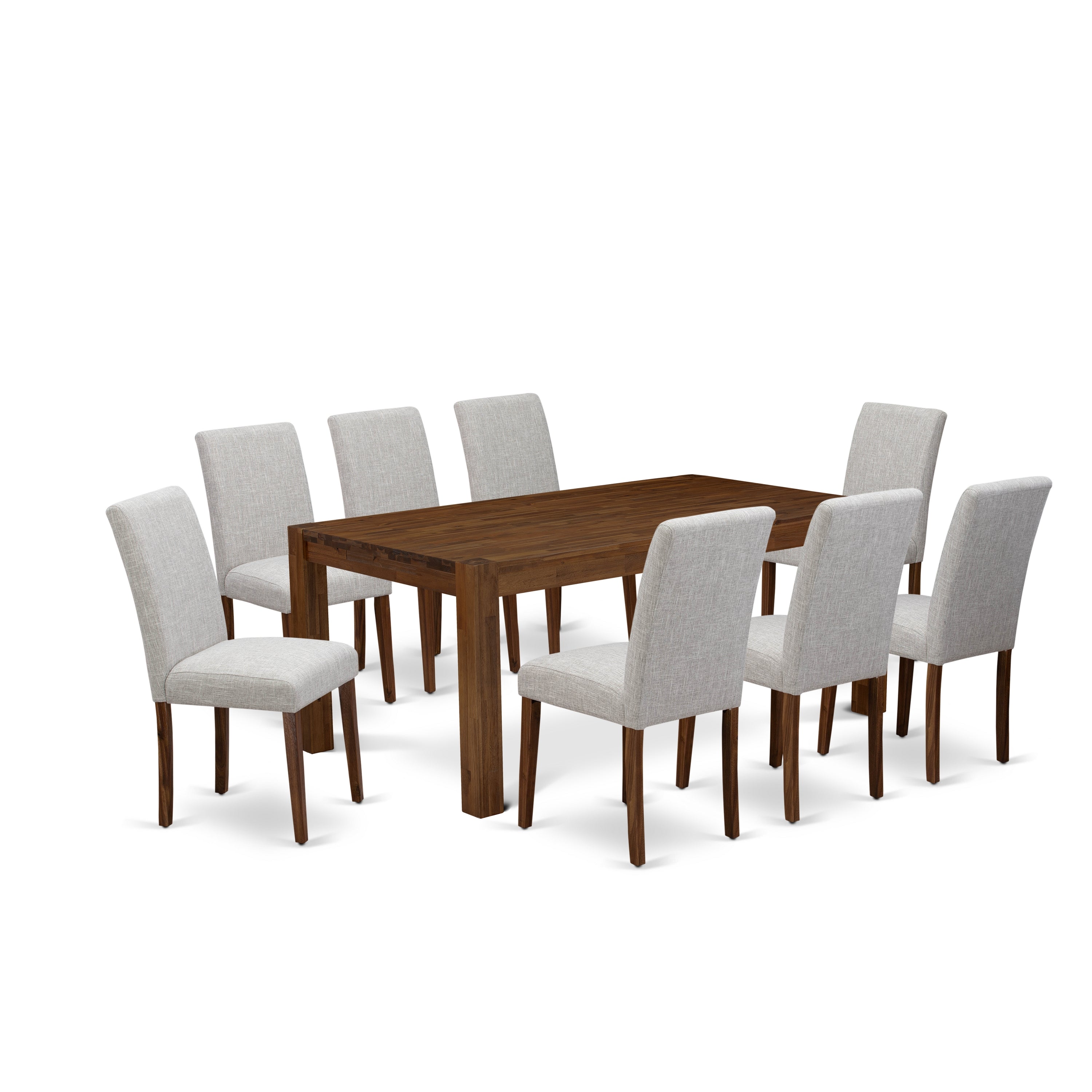 LMAB9-NN-35 9Pc Dining Room Table Set Contains a Dining Room Table and 8 Parson Chairs with Doeskin Color Linen Fabric, Medium Size Table with Full Back Chairs, Sand Blasting Antique Walnut Finish