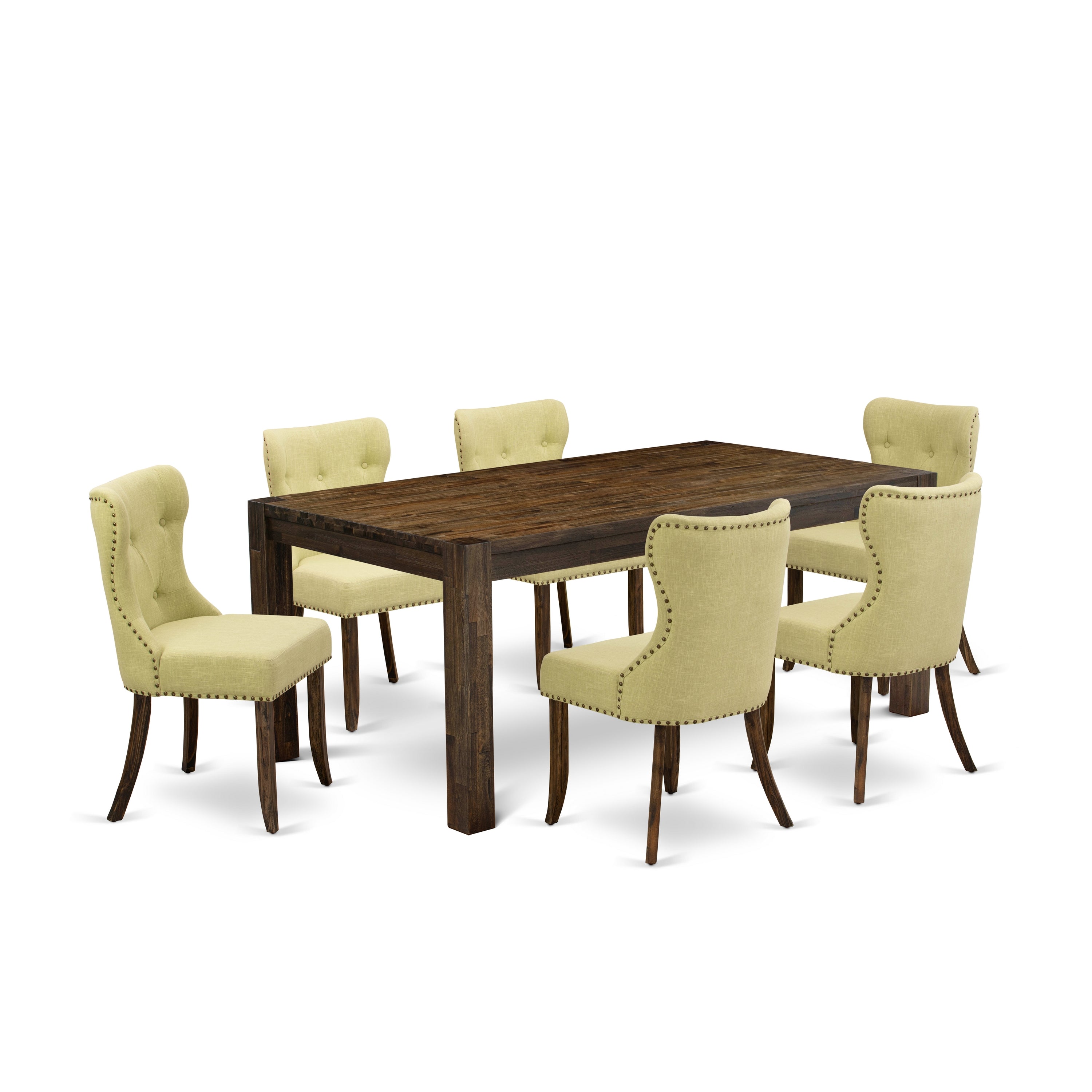 LMSI7-77-37 7-Piece Dining Room Table Set - 6 Dining Chair with Limelight Linen Fabric Seat and Button Tufted Chair Back - Dining Table (Distressed Jacobean Finish)
