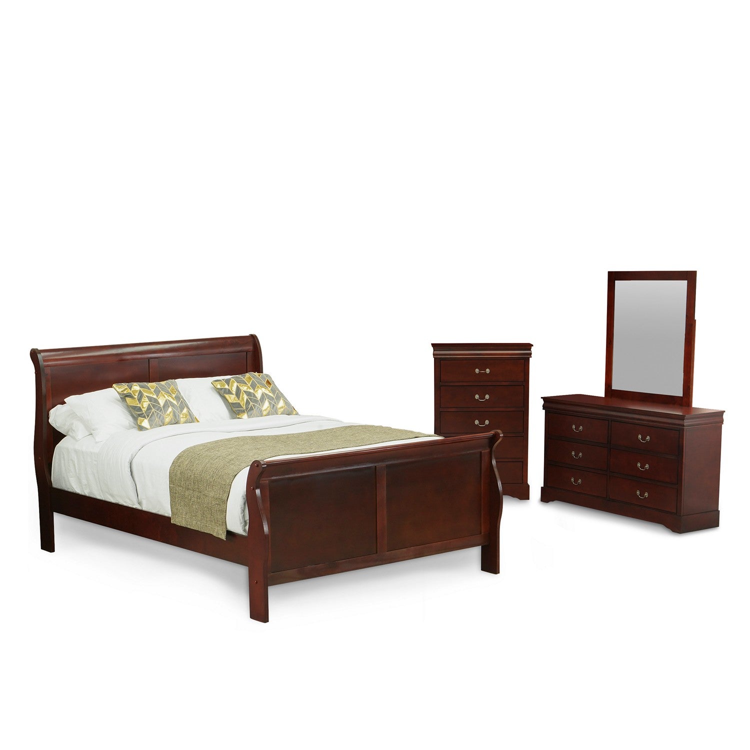 Louis Philippe 4 Piece Queen Size Bedroom Set in Phillip Walnut Finish with Queen Bed, ,Dresser, Mirror,Chest
