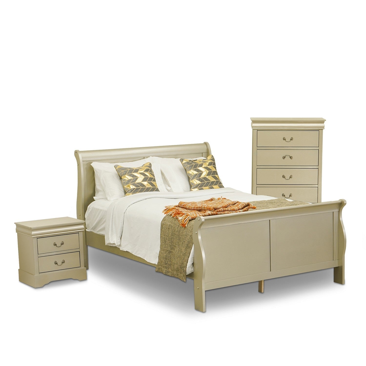 East West Furniture Louis Philippe 3 Piece Queen Size Bedroom Set in Metallic Gold Finish with Queen Bed,Nightstand Chest