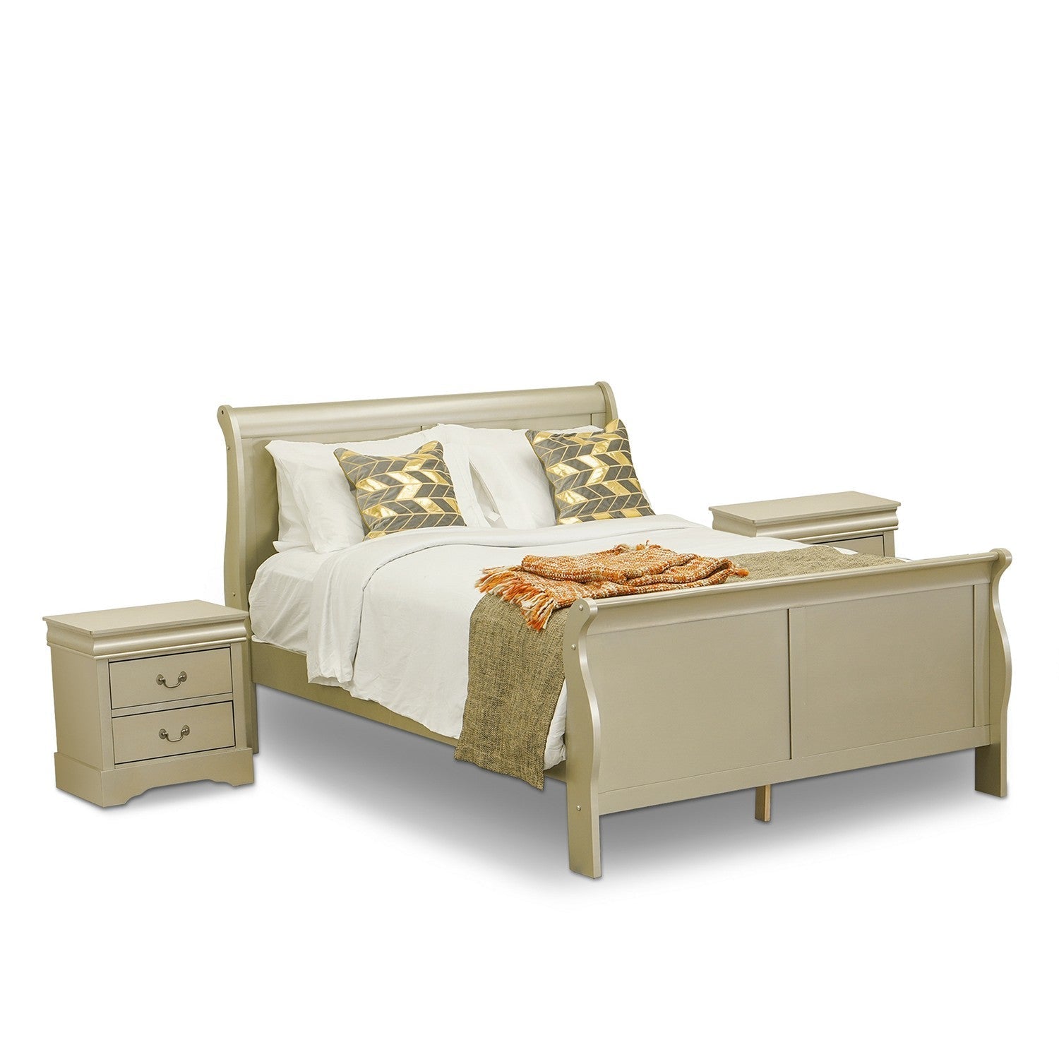 East West Furniture Louis Philippe 3 Piece Queen Size Bedroom Set in Metallic Gold Finish with Queen Bed,2 Nightstands