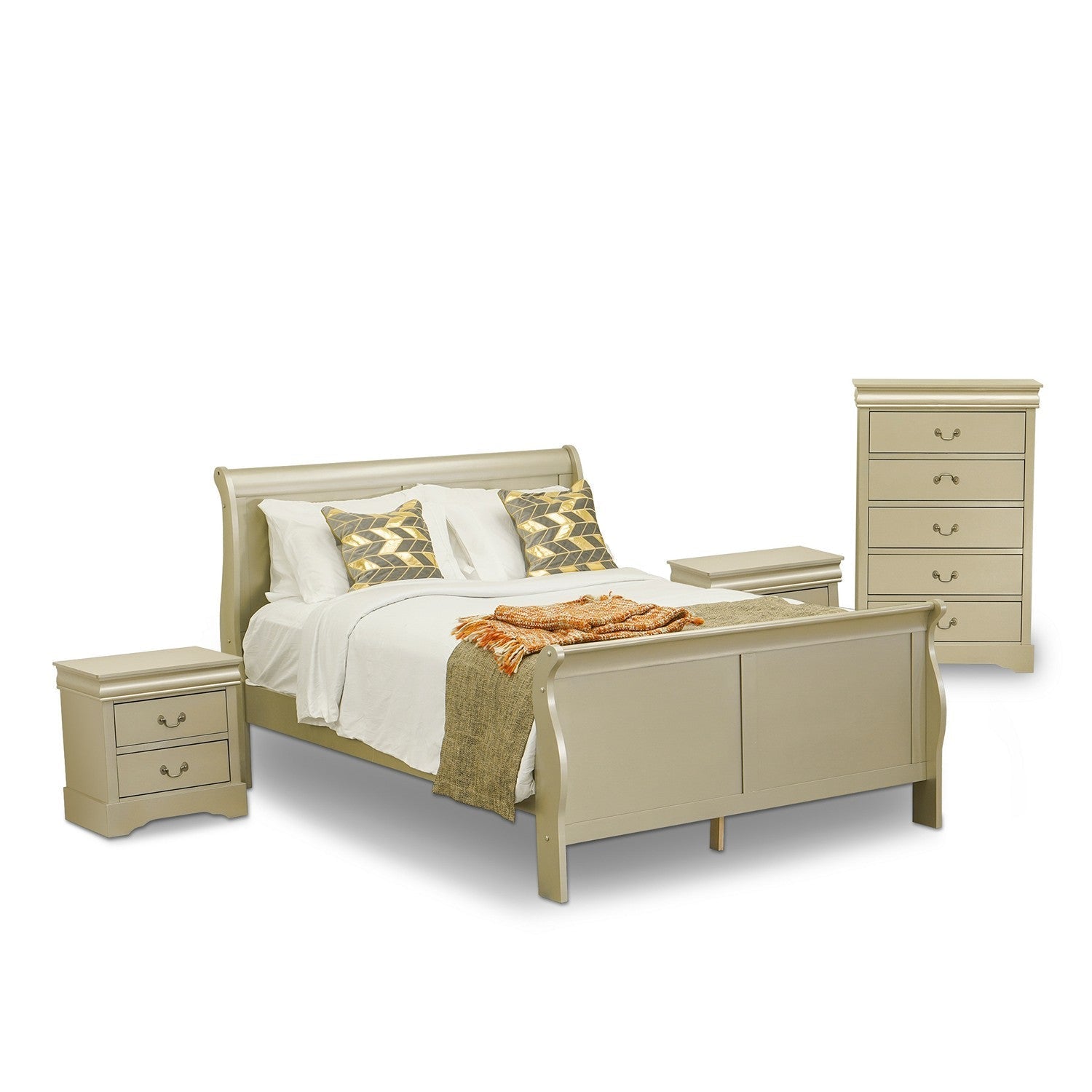 LP04-Q2NC00 Juego de dormitorio Louis Philippe de 4 piezas tamaño queen con acabado dorado metálico y cama queen