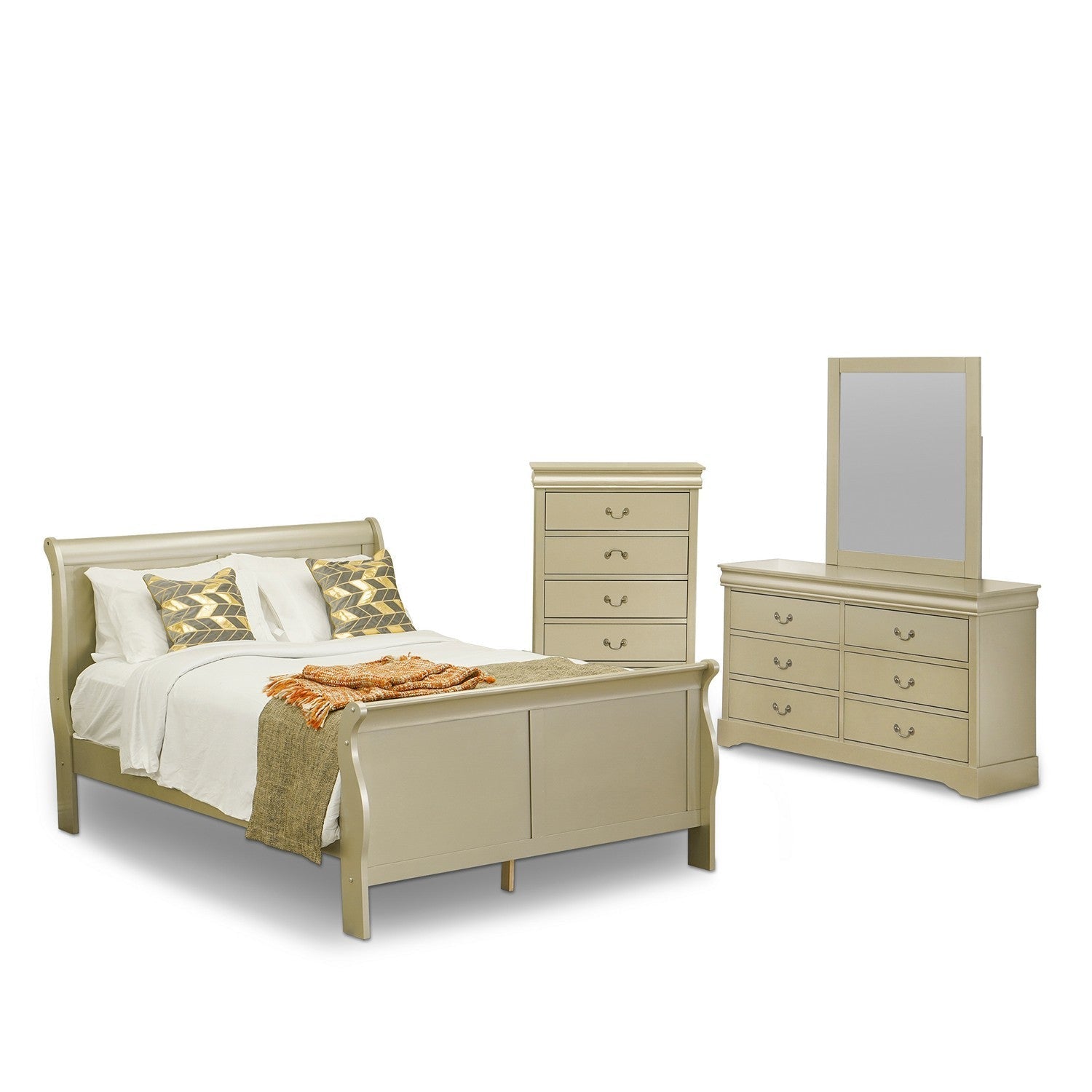 Louis Philippe 4 Piece Queen Size Bedroom Set in Metallic Gold Finish with Queen Bed, ,Dresser, Mirror,Chest