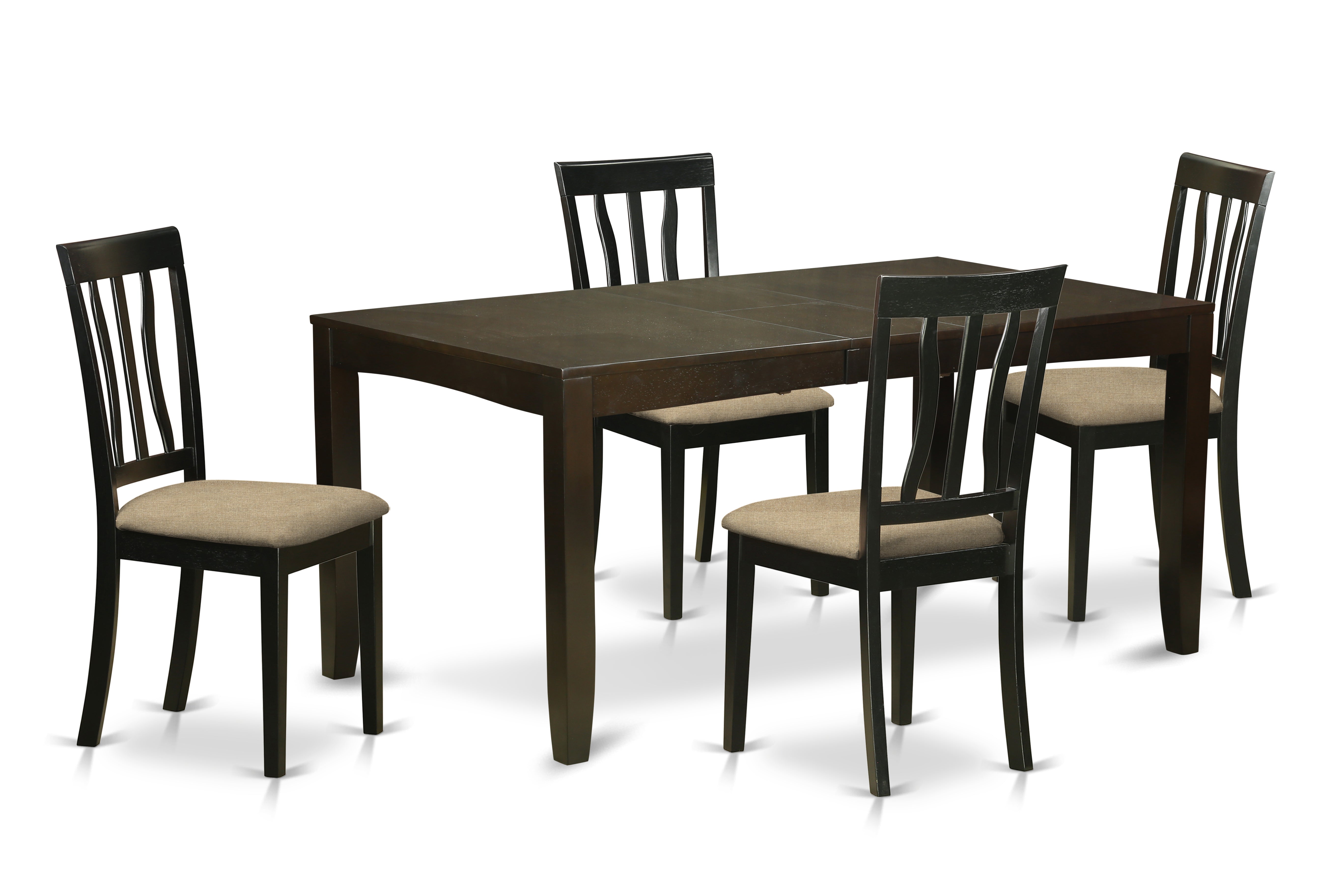 El juego de mesa de comedor moderno de 5 piezas LYAN5-CAP-C de East West Furniture incluye una mesa rectangular de madera con diseño de hojas de mariposa y 4 sillas de comedor de tela de lino.
