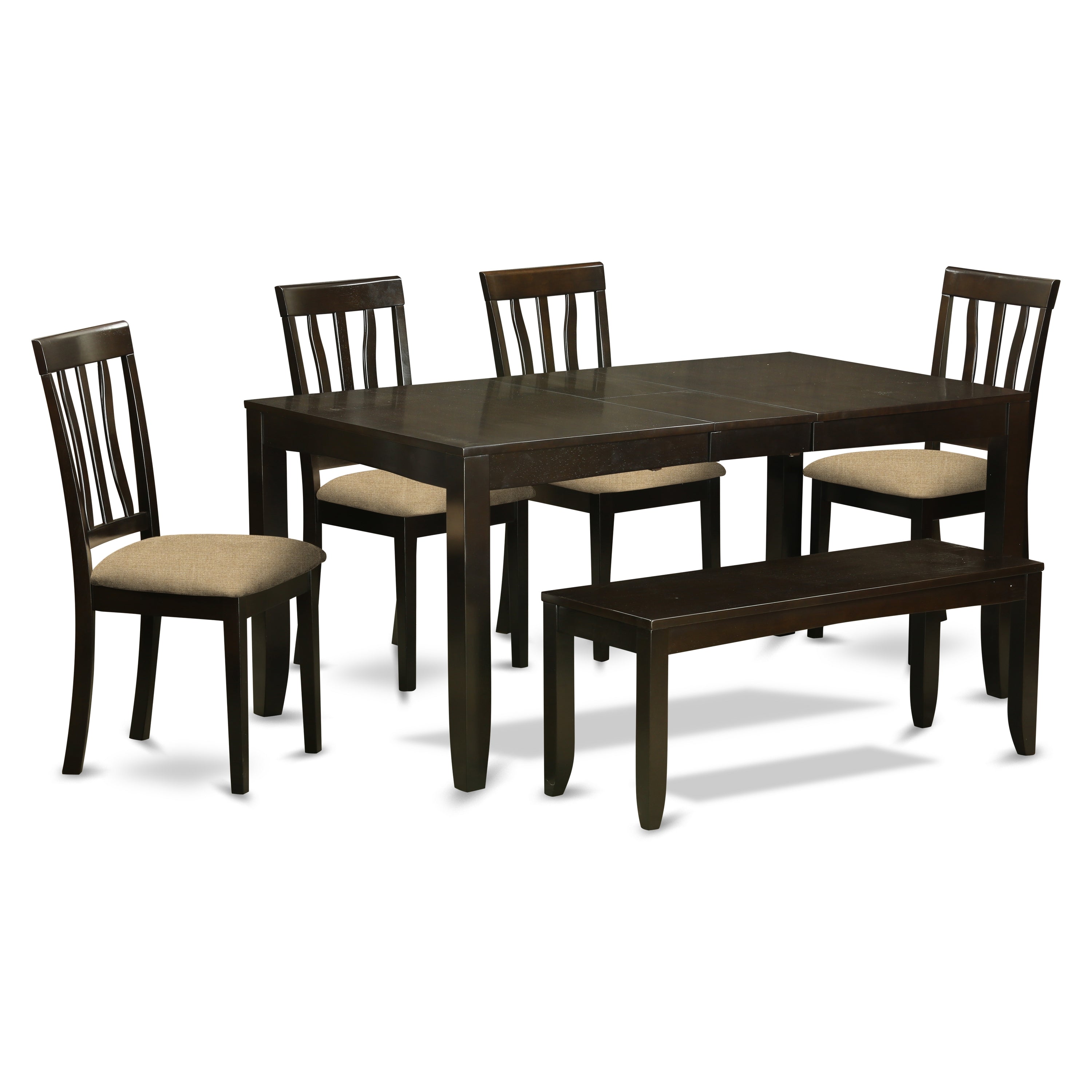 El juego de mesa de comedor de 6 piezas LYAN6-CAP-C de East West Furniture contiene una mesa de comedor rectangular con hojas de mariposa y 4 sillas tapizadas en tela de lino con un banco.