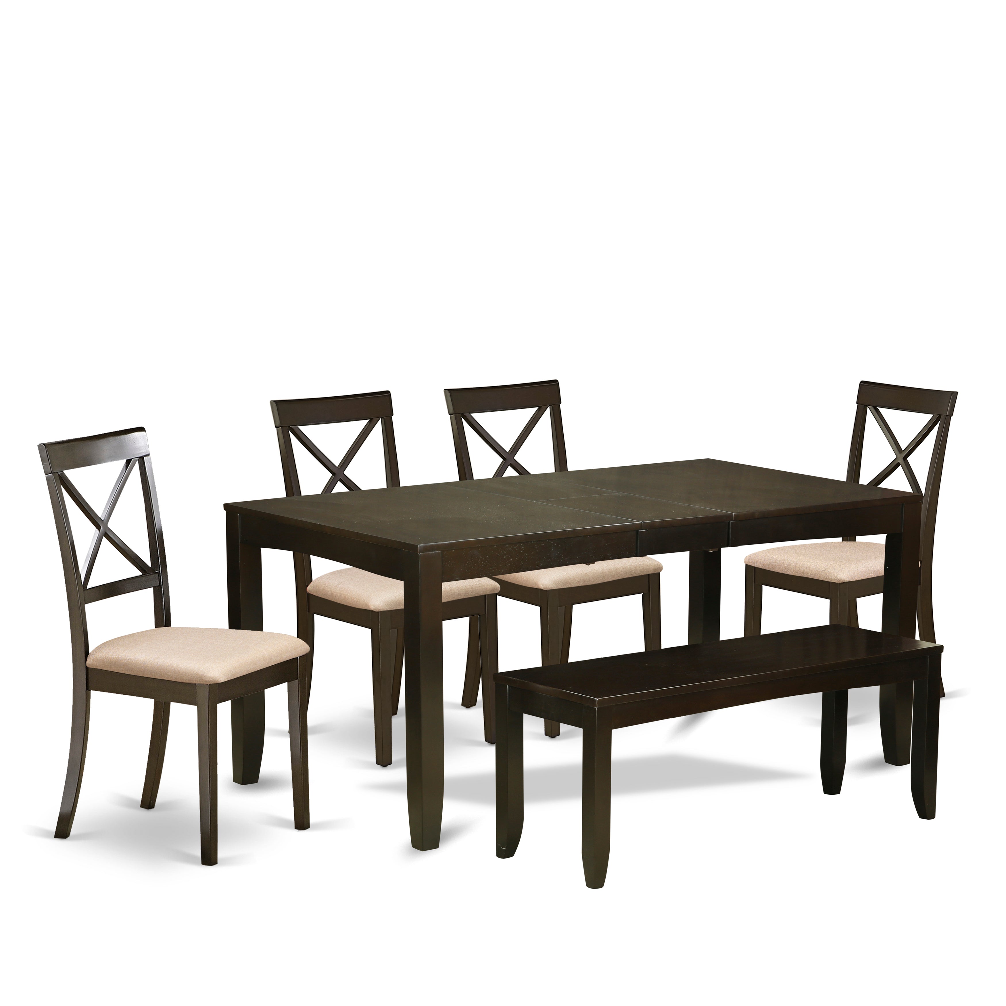 El juego de mesa de comedor de 6 piezas LYBO6-CAP-C de East West Furniture contiene una mesa de comedor rectangular con hojas de mariposa y 4 sillas tapizadas en tela de lino con un banco.