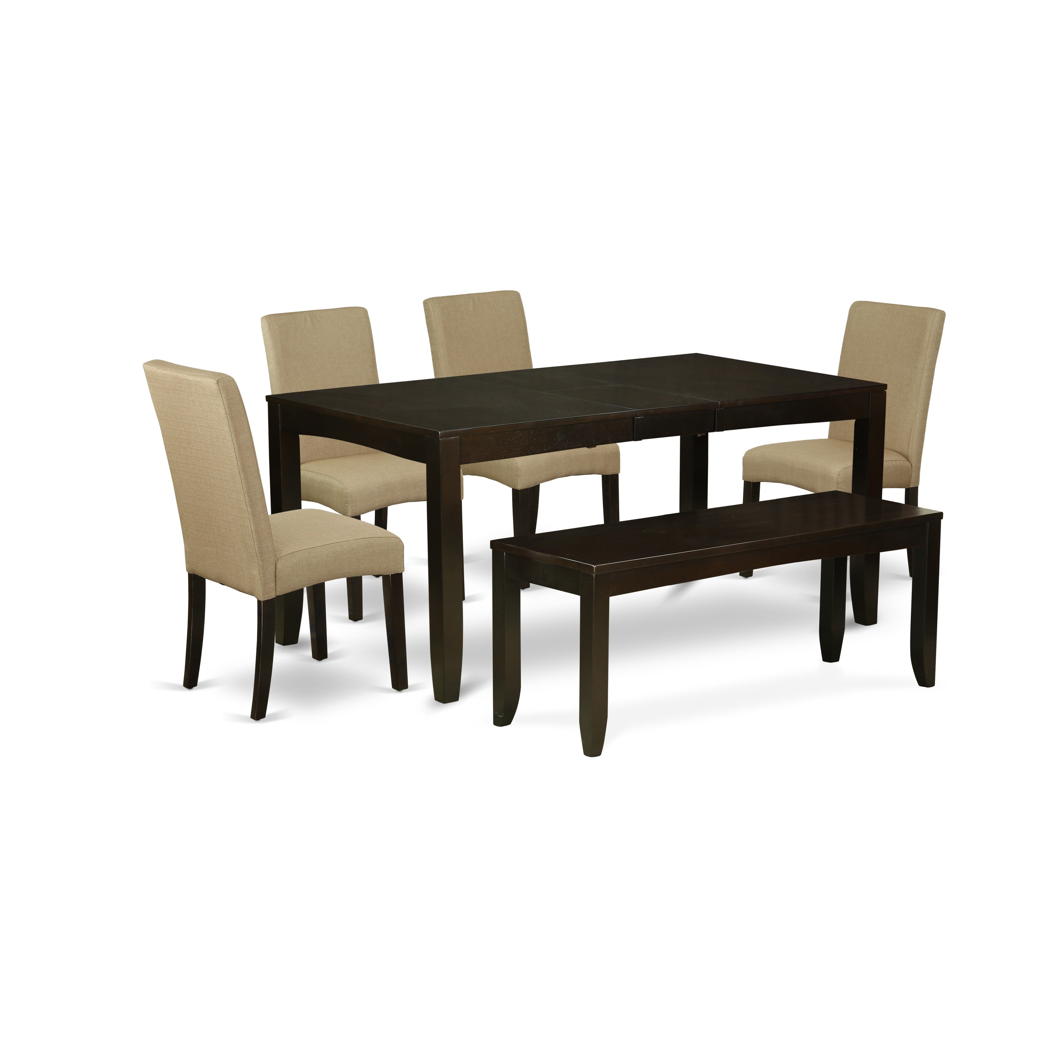 Juego de comedor de 6 piezas LYDR6-CAP-03 de East West Furniture. Contiene una mesa de comedor rectangular con hojas de mariposa y 4 sillas acolchadas de tela de lino marrón con un banco.