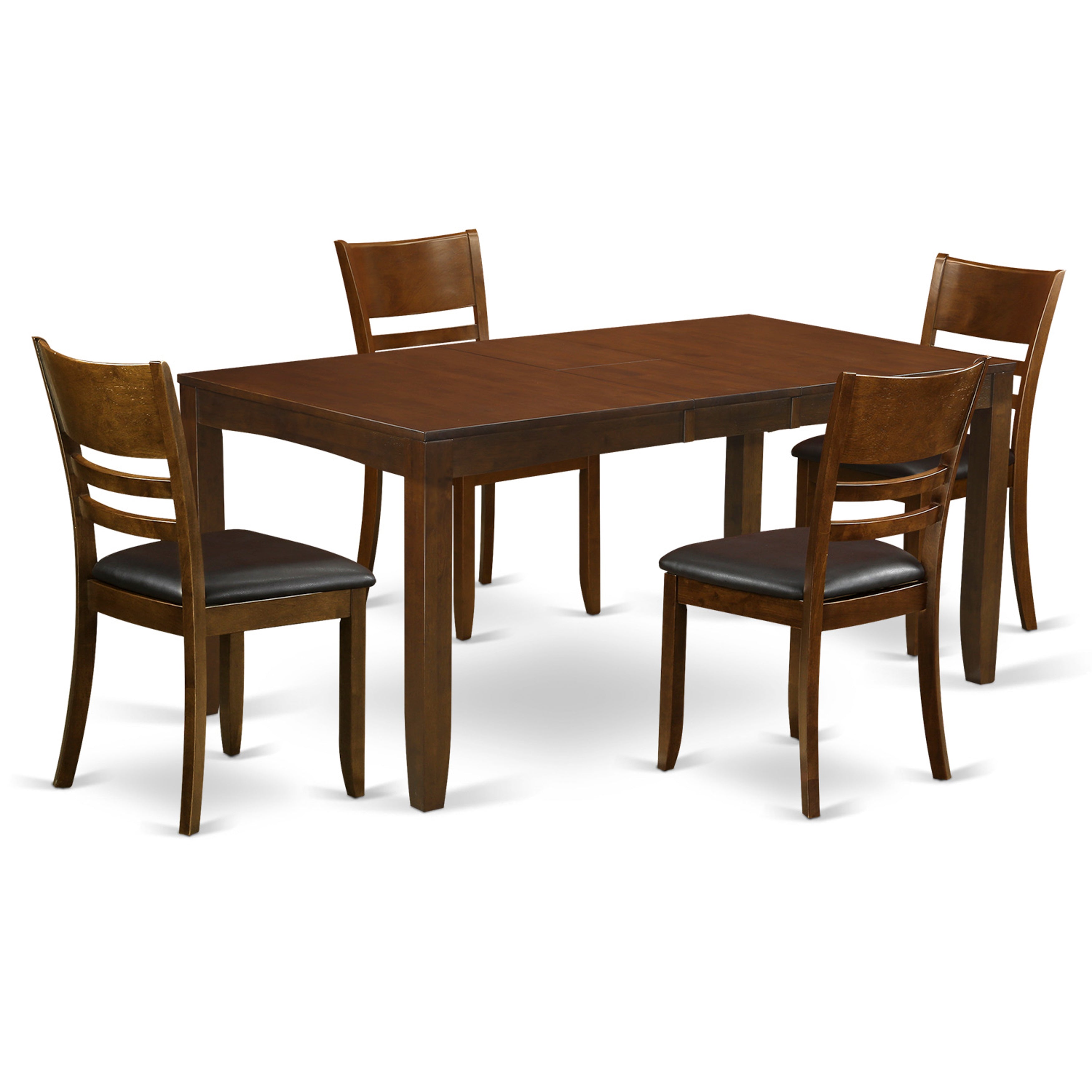 El juego de comedor de 5 piezas LYFD5-ESP-LC de East West Furniture incluye una mesa de comedor rectangular con diseño de hojas de mariposa y 4 sillas de cocina tapizadas en piel sintética.