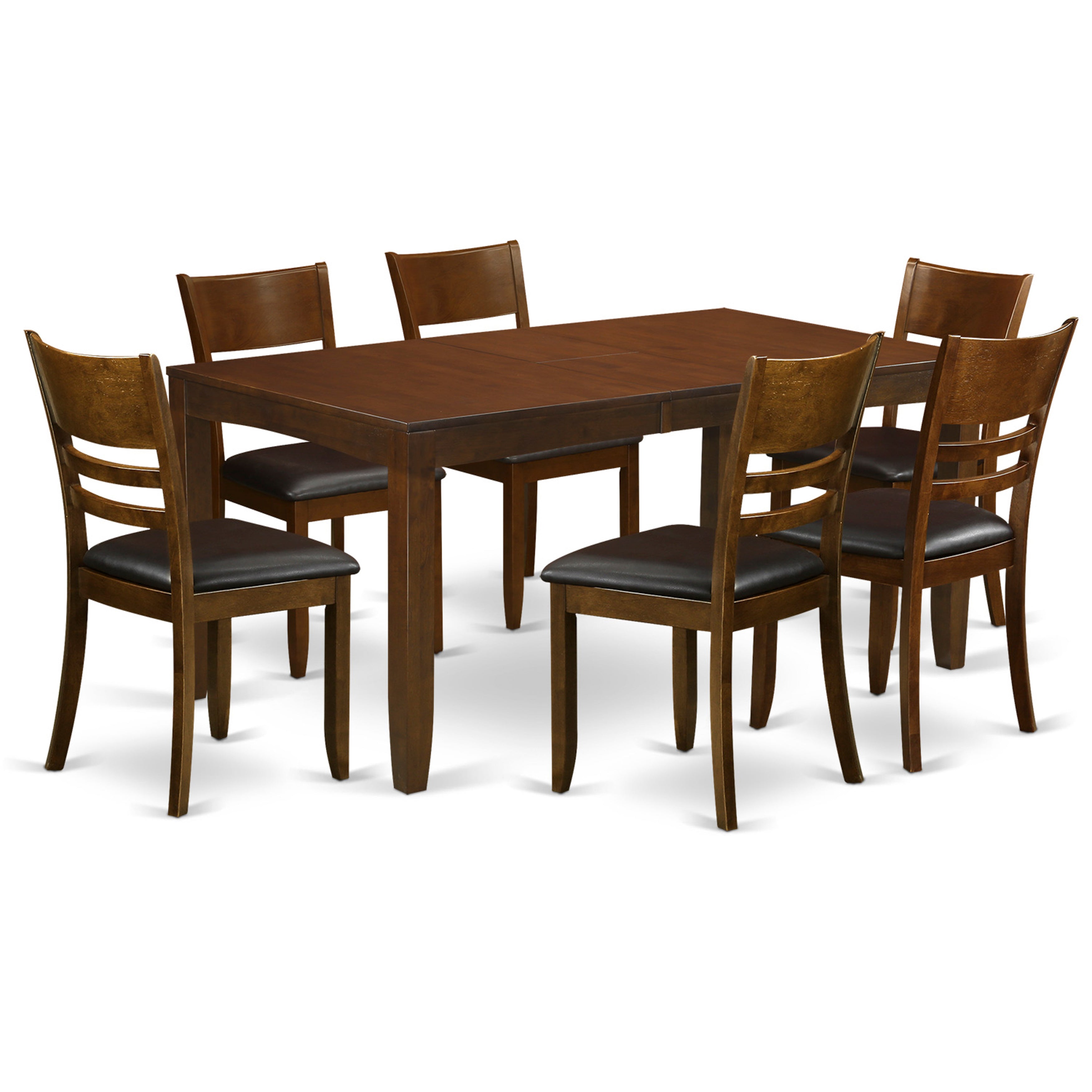 Juego de mesa de cocina de 7 piezas East West Furniture LYFD7-ESP-LC compuesto por una mesa de comedor rectangular con hojas de mariposa y 6 sillas de comedor de cuero sintético.
