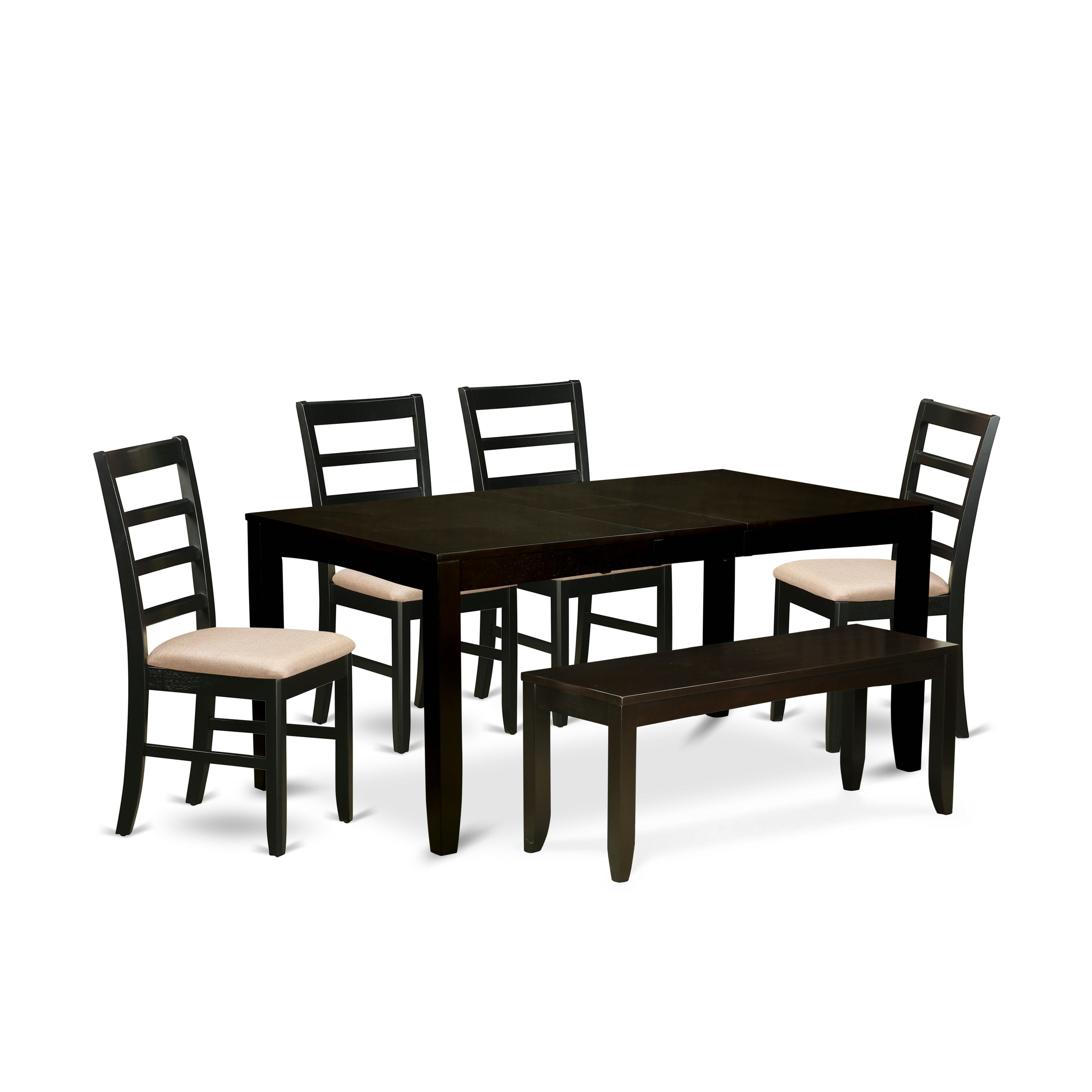 El juego de mesa de comedor de 6 piezas LYPF6-CAP-C de East West Furniture contiene una mesa de comedor rectangular con hojas de mariposa y 4 sillas tapizadas en tela de lino con un banco.