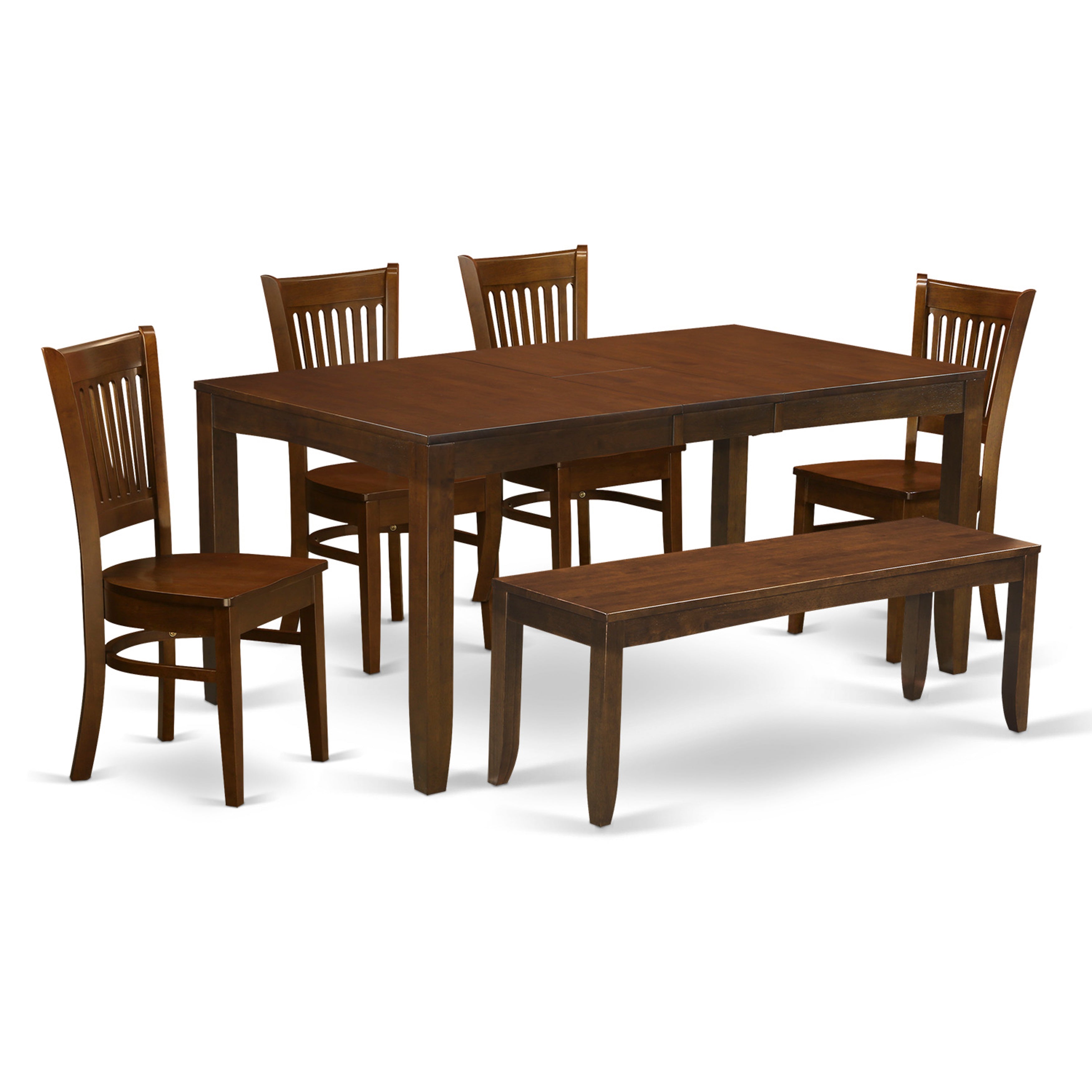 El juego de mesa de cocina de 6 piezas LYVA6-ESP-W de East West Furniture contiene una mesa de comedor rectangular con hojas de mariposa y 4 sillas de comedor con un banco.