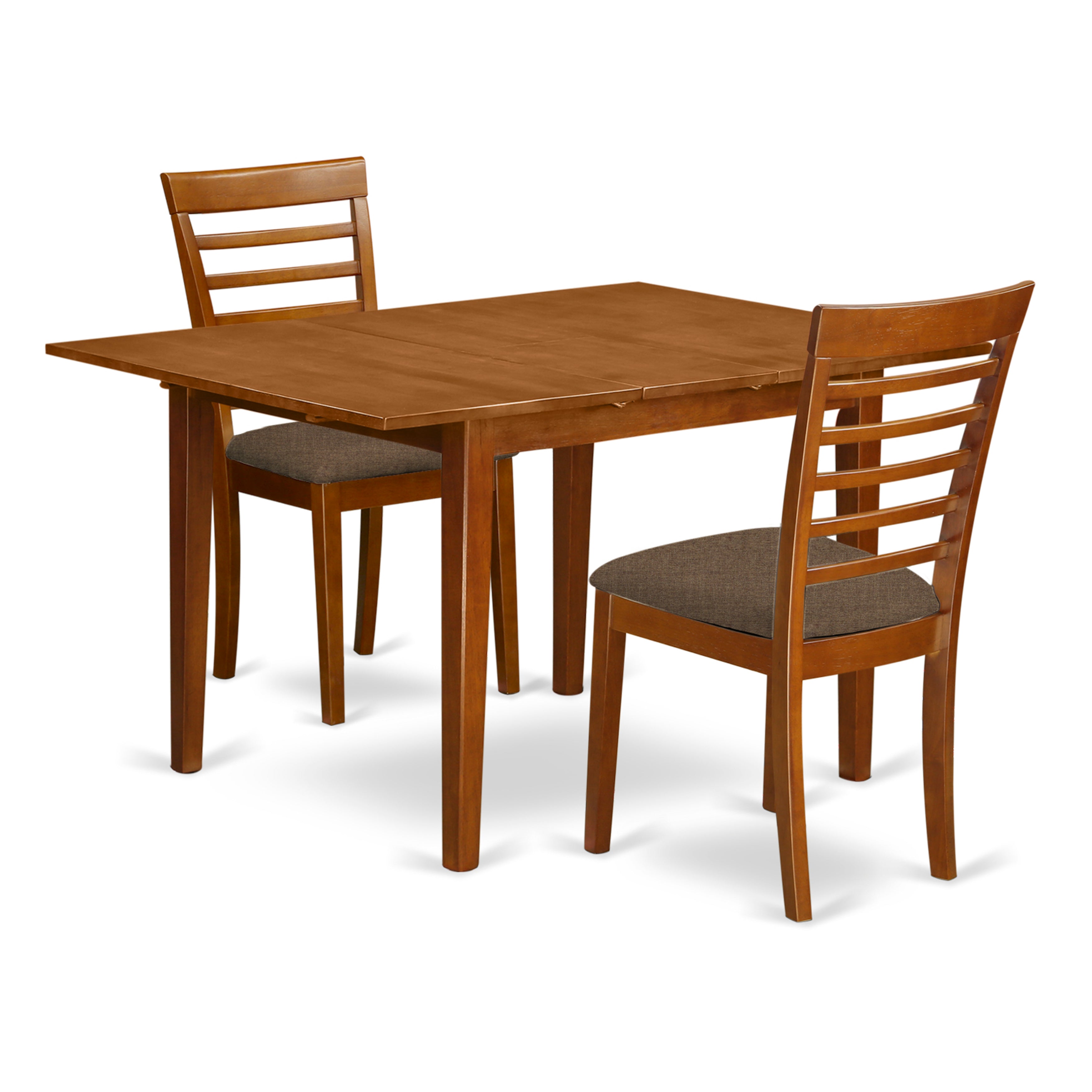 Juego de mesa de comedor de 3 piezas East West Furniture MILA3-SBR-C. Incluye una mesa de cocina rectangular con diseño de hojas de mariposa y 2 sillas tapizadas en tela de lino.