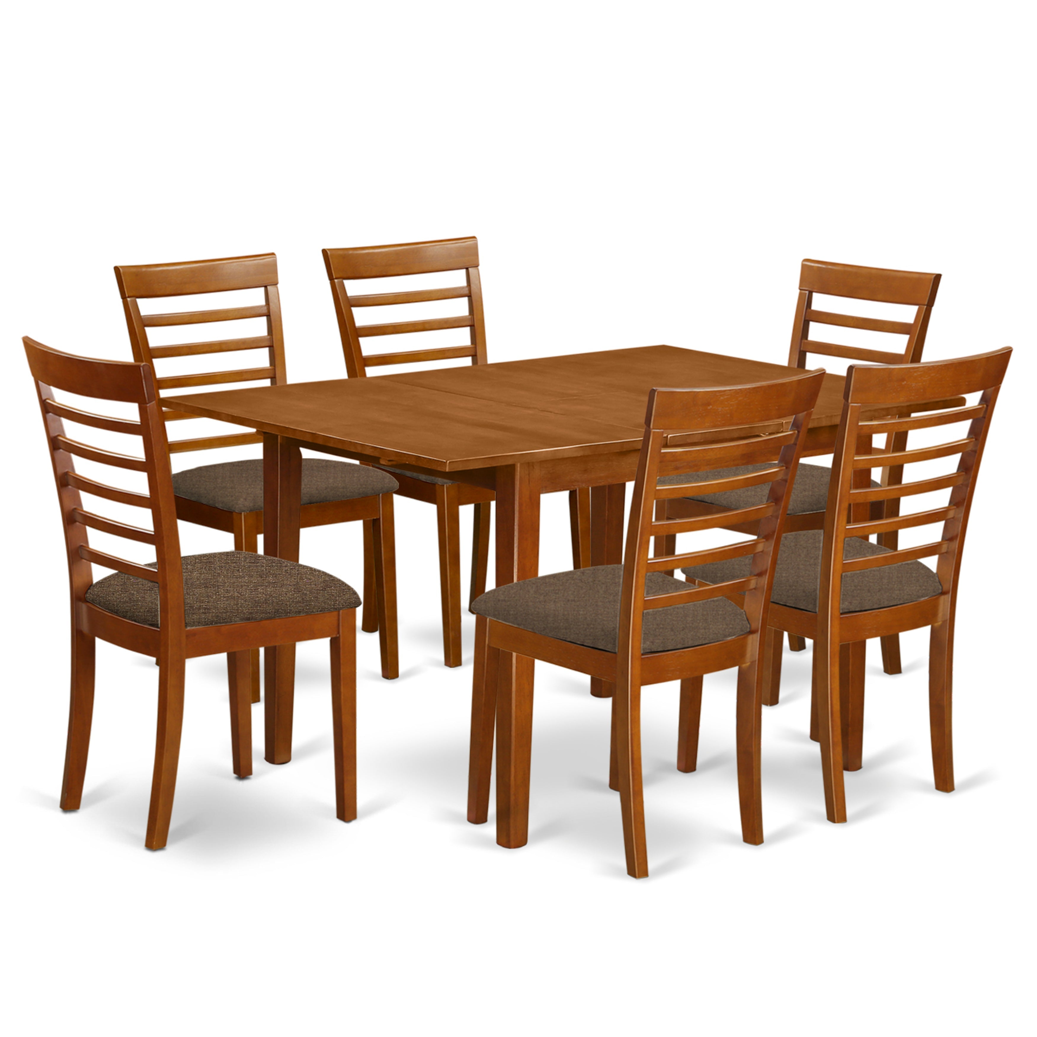 Juego de mesa de cocina de 7 piezas East West Furniture MILA7-SBR-C. Incluye una mesa de comedor rectangular con diseño de hojas de mariposa y 6 sillas de comedor de tela de lino.