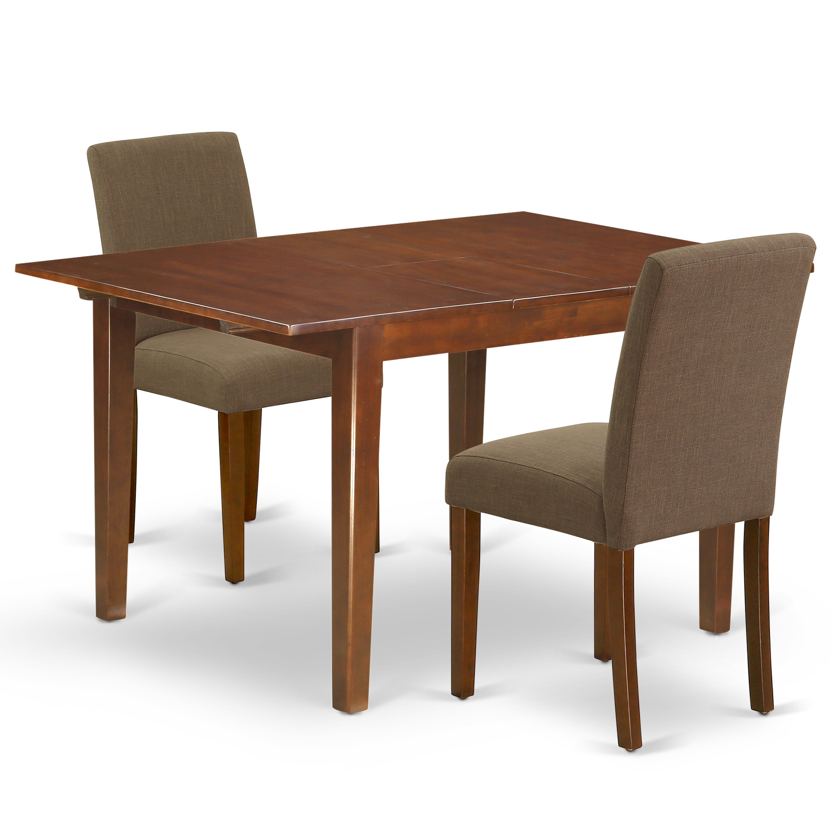 Juego de comedor de 3 piezas East West Furniture MLAB3-MAH-18 para espacios pequeños. Incluye una mesa de comedor rectangular con diseño de hojas de mariposa y dos sillas Parson de tela de lino color café.