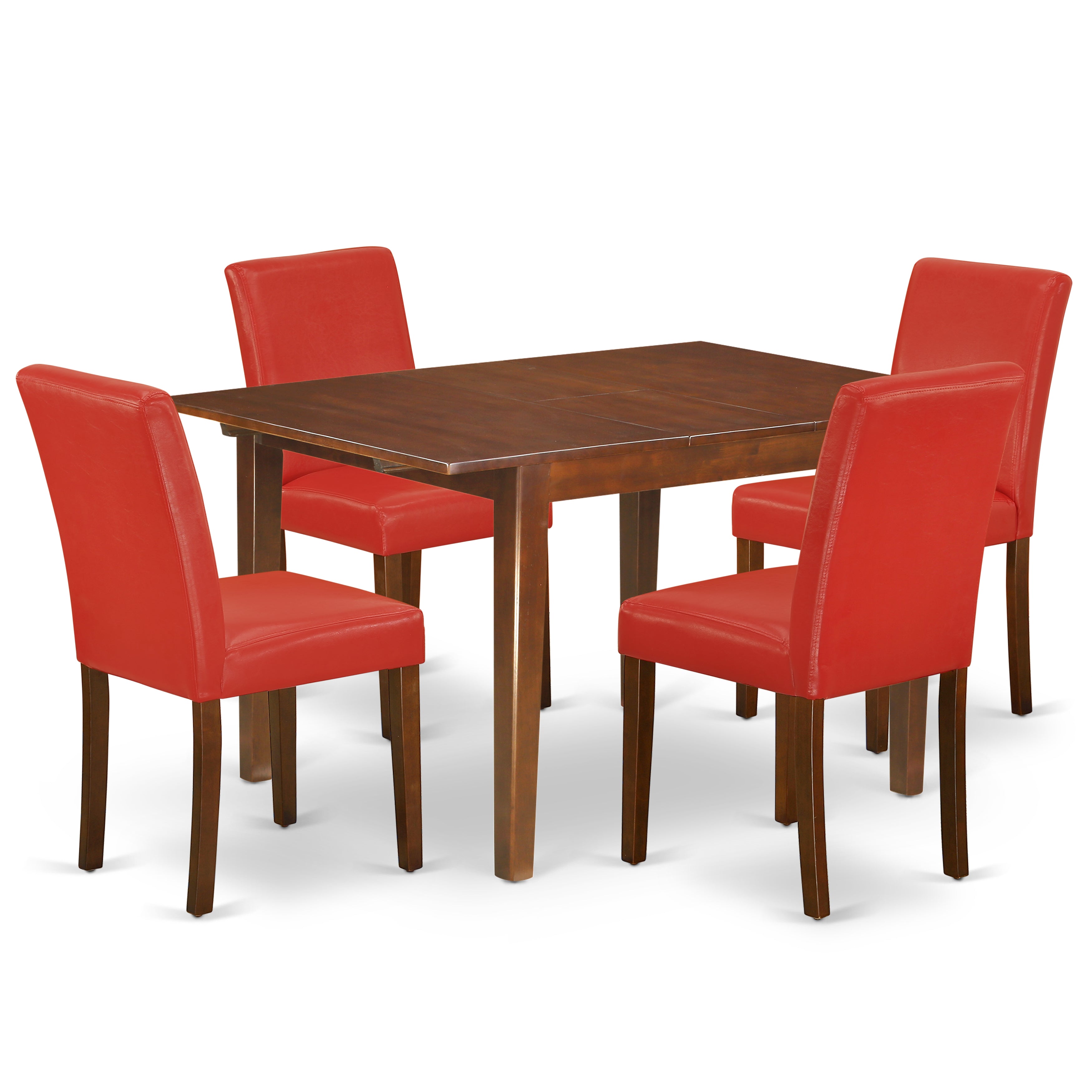 MLAB5-MAH-72 5Pc Rectangular 42/54" Dining Room Table With 12 In Self Storing Butterfly Leaf And Four Parson Chair With Mahogany Leg And Pu Leather Color Firebrick Red