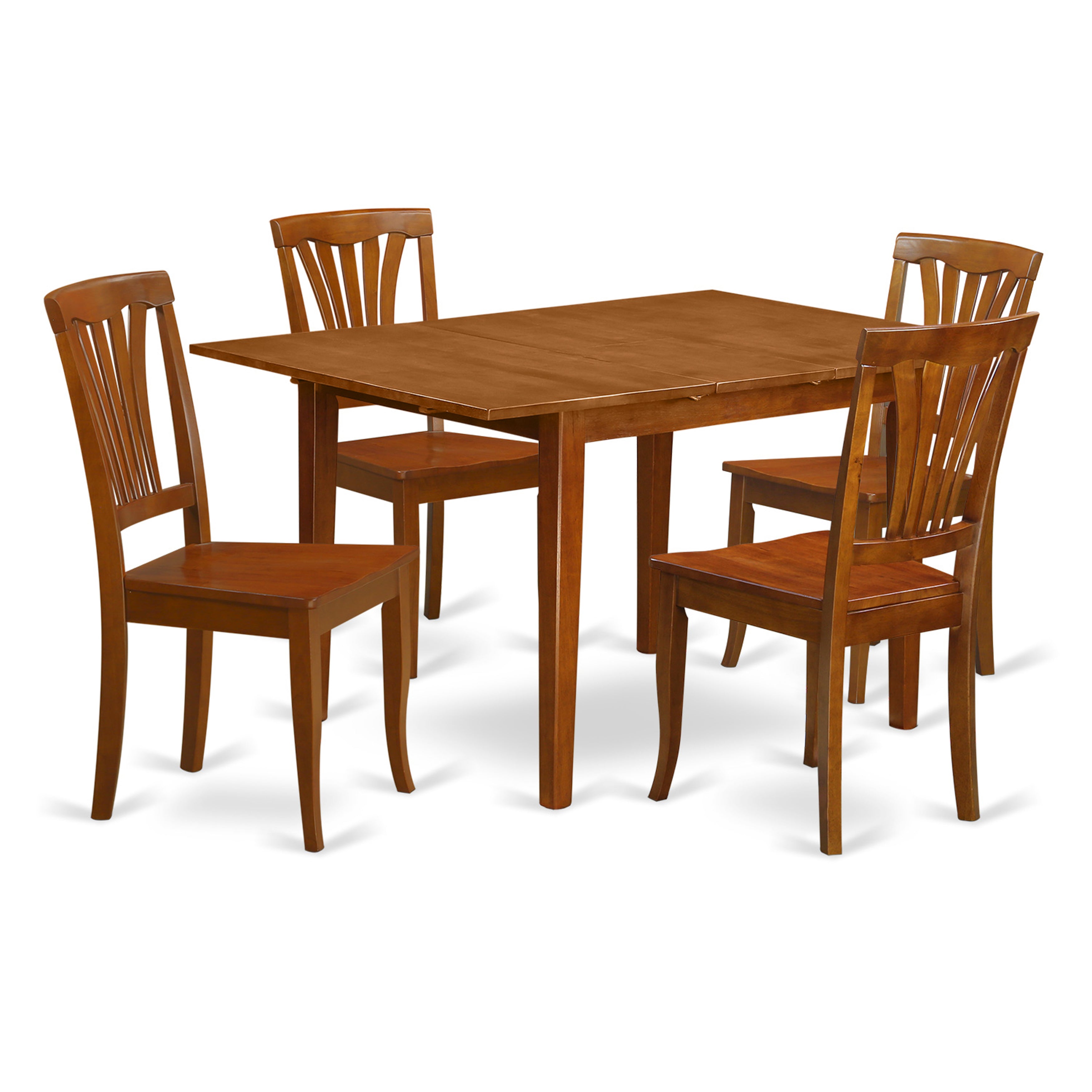 Juego de comedor de 5 piezas East West Furniture MLAV5-SBR-W para 4 personas. Incluye una mesa de comedor rectangular con diseño de hojas de mariposa y 4 sillas de comedor.