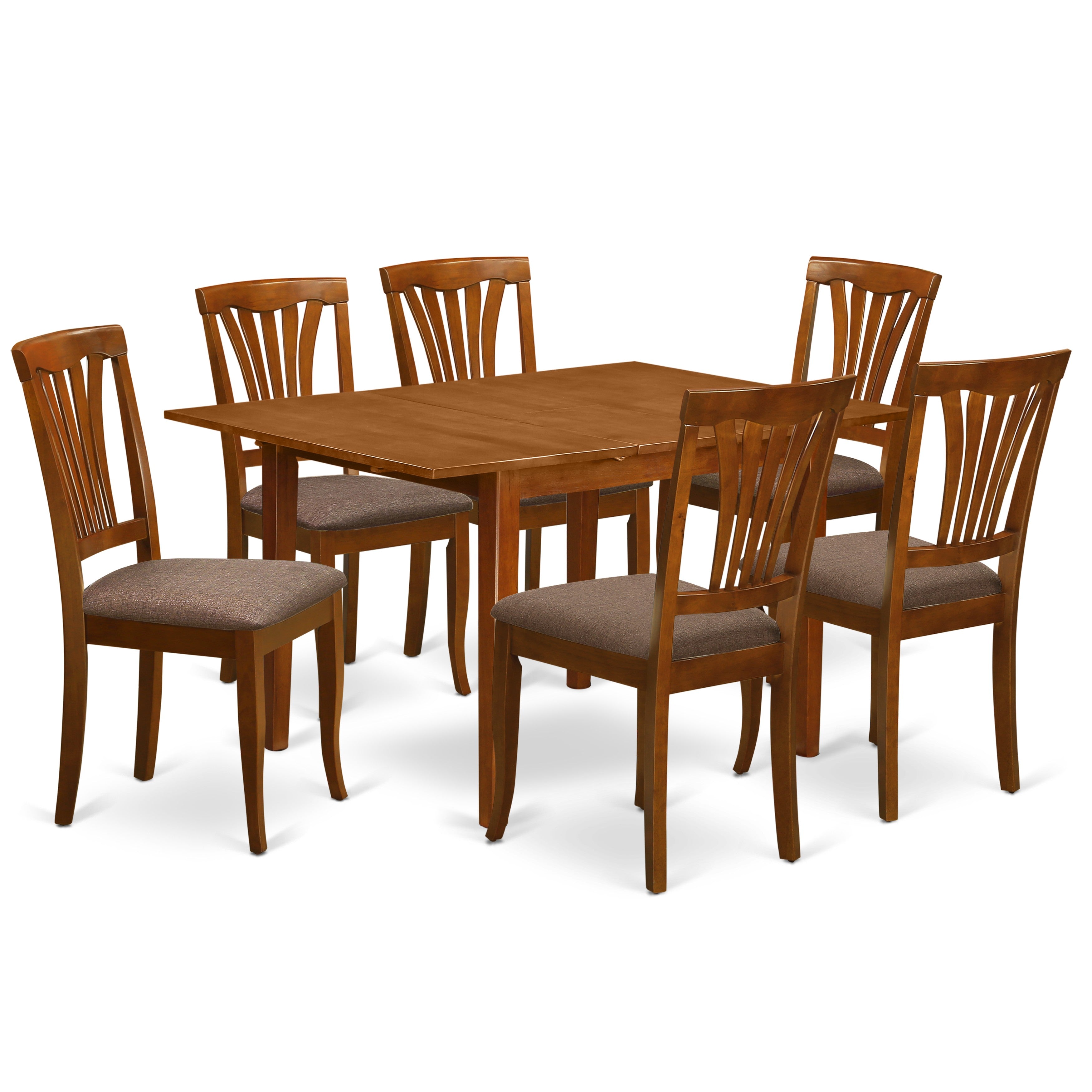 El juego de mesa de comedor East West Furniture MLAV7-SBR-C de 7 piezas consta de una mesa rectangular con diseño de hojas de mariposa y 6 sillas de comedor de tela de lino.