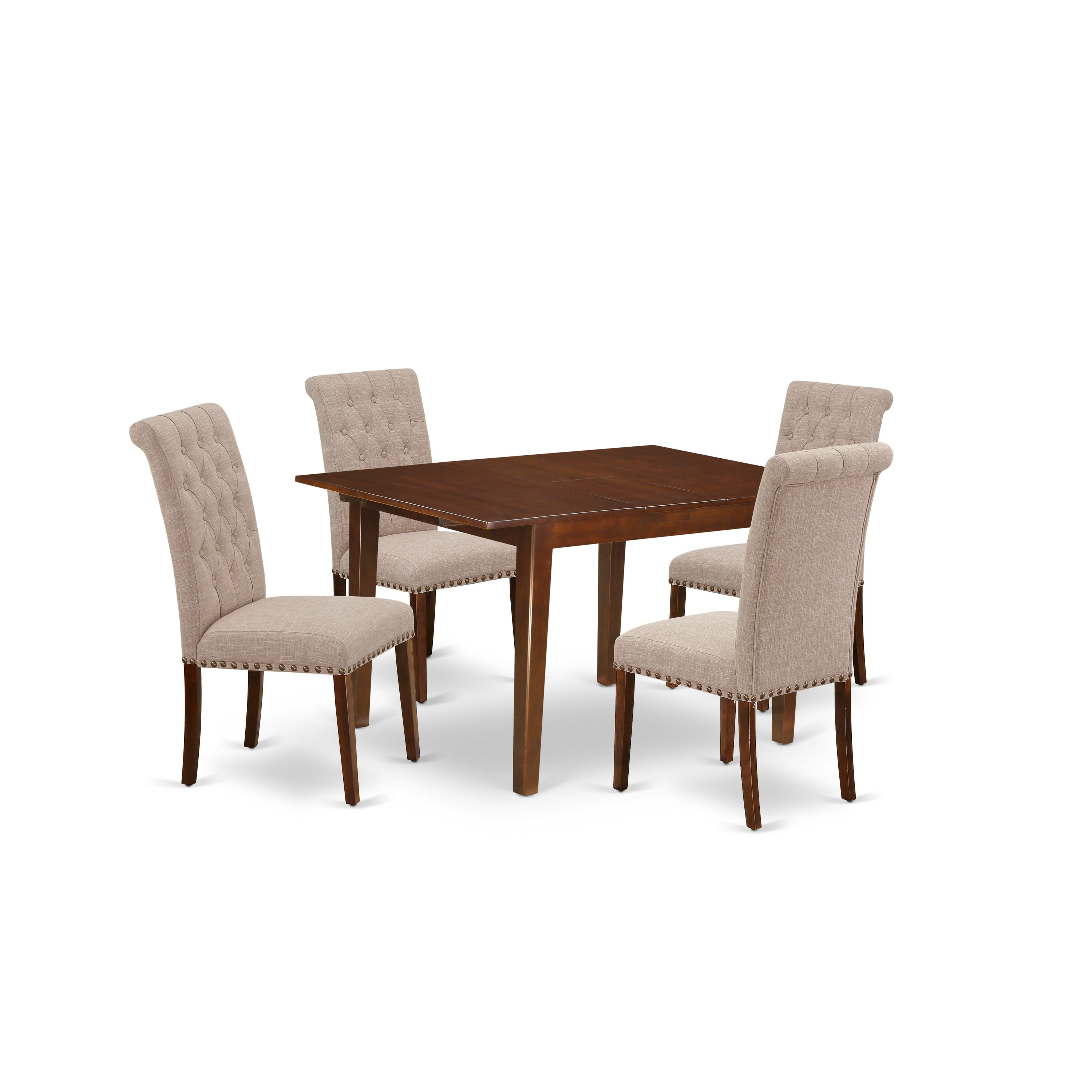 MLBR5-MAH-04 5Pc Dining Set Includes a Rectangle Dinette Table with Butterfly Leaf and Four Parson Chairs with Light Fawn Fabric, Mahogany Finish