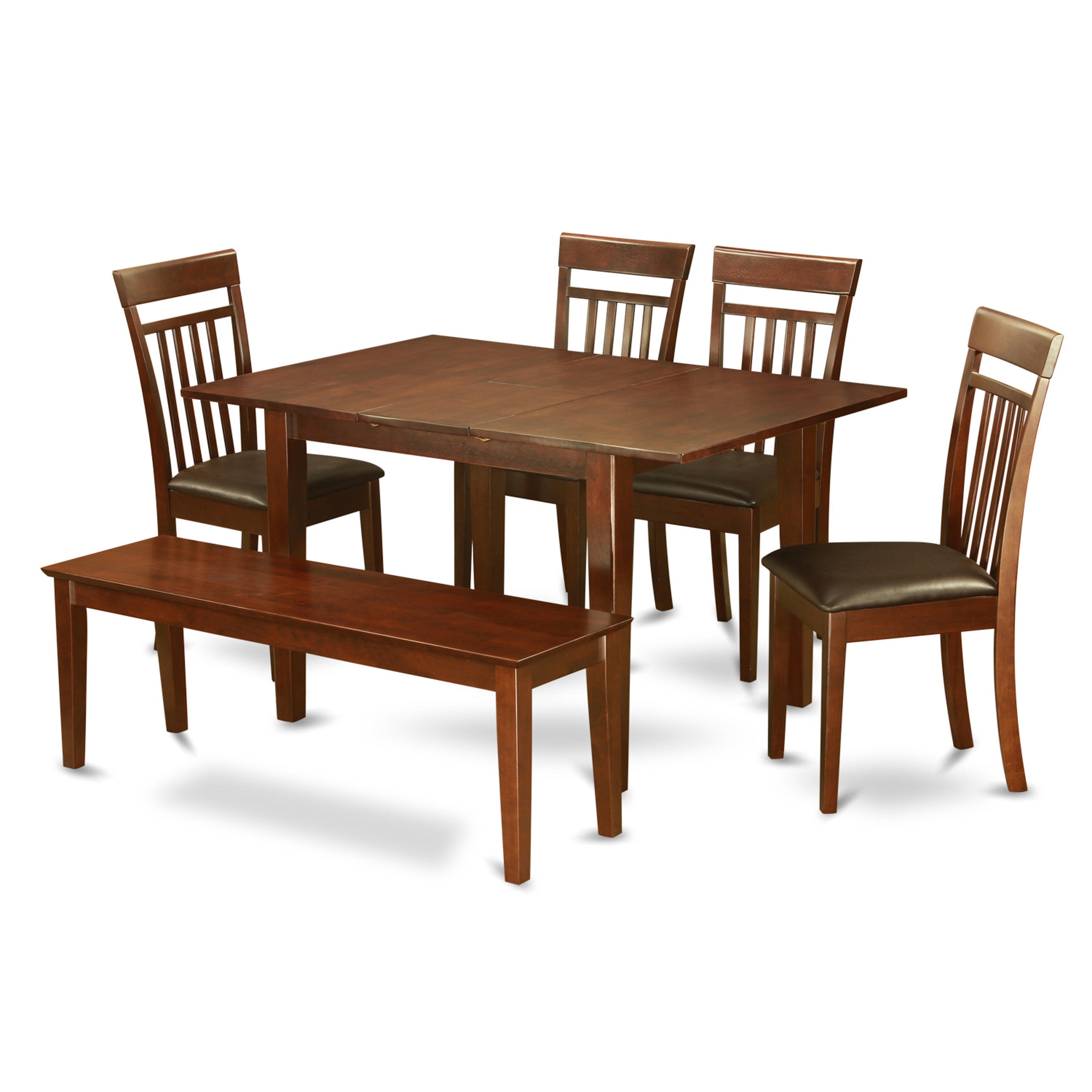 El juego de mesa de comedor de 6 piezas MLCA6C-MAH-LC de East West Furniture contiene una mesa de comedor rectangular con hojas de mariposa y 4 sillas tapizadas de cuero sintético con un banco.