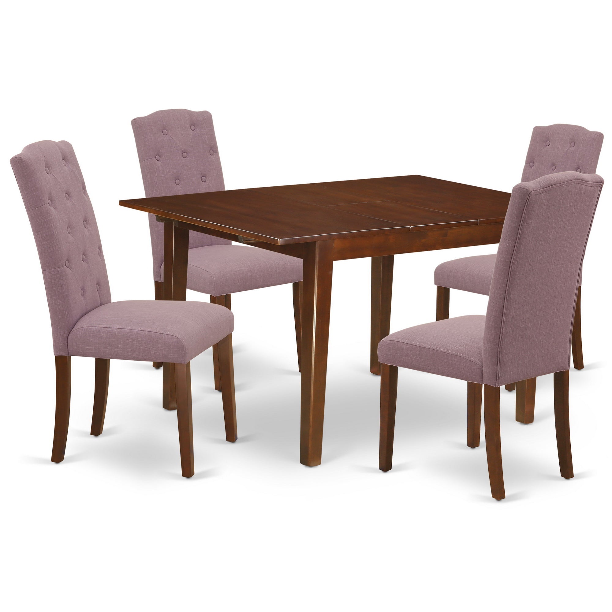 Juego de mesa de cocina de 5 piezas East West Furniture MLCE5-MAH-10 para 4 personas. Incluye una mesa de comedor rectangular con diseño de hojas de mariposa y 4 sillas acolchadas de tela de lino Dahlia.