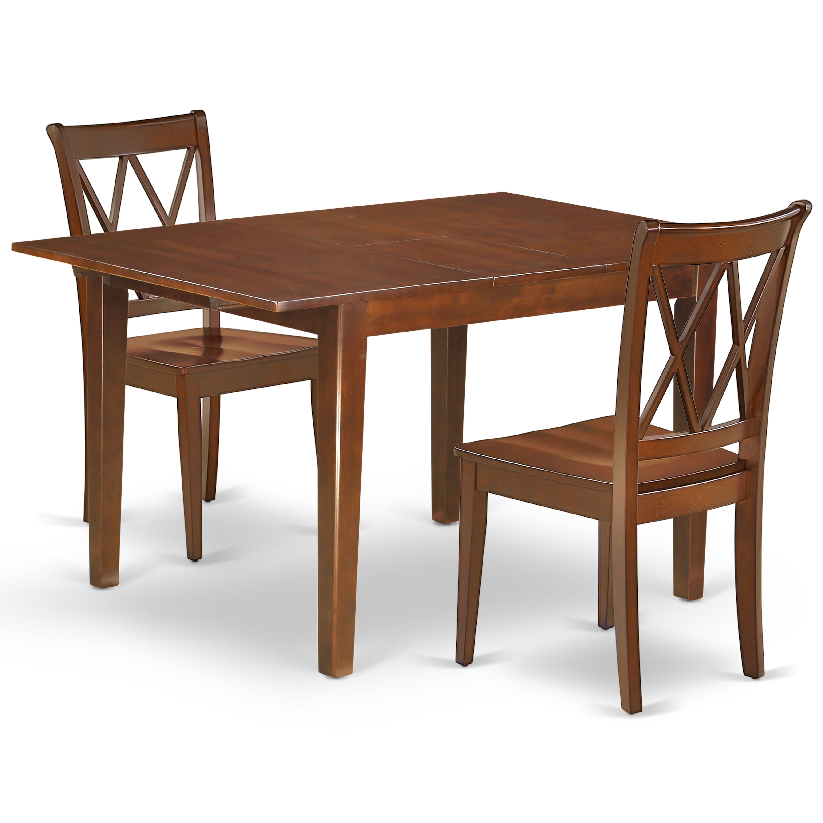 Juego de mesa de comedor de 3 piezas East West Furniture MLCL3-MAH-W para espacios pequeños. Contiene una mesa de comedor rectangular con hojas de mariposa y 2 sillas con asiento de madera.