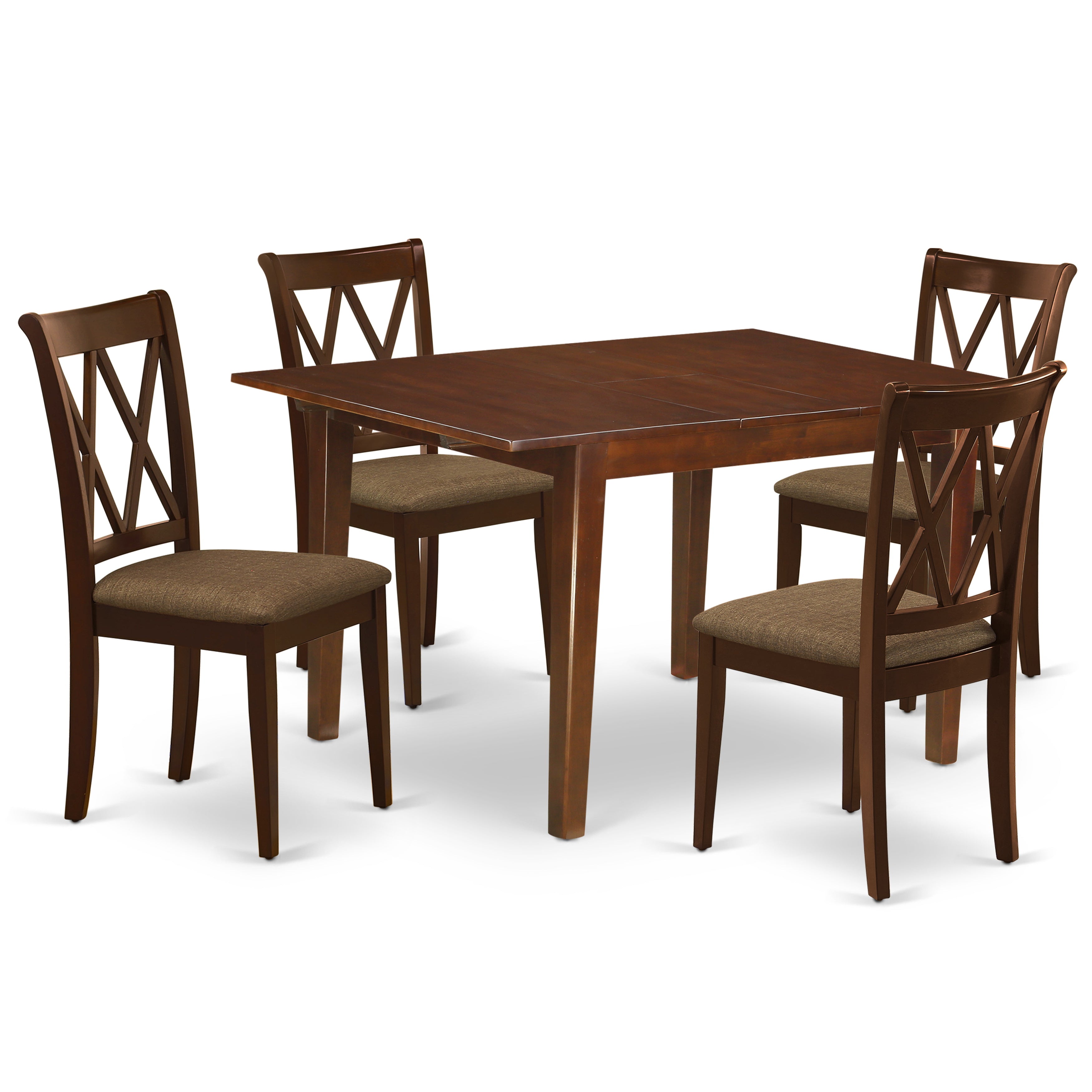 MLCL5-MAH-C 5Pc Dining Set Includes a Rectangle Dinette Table with Butterfly Leaf and Four Double X Back Linen seat Kitchen Chairs, Mahogany Finish