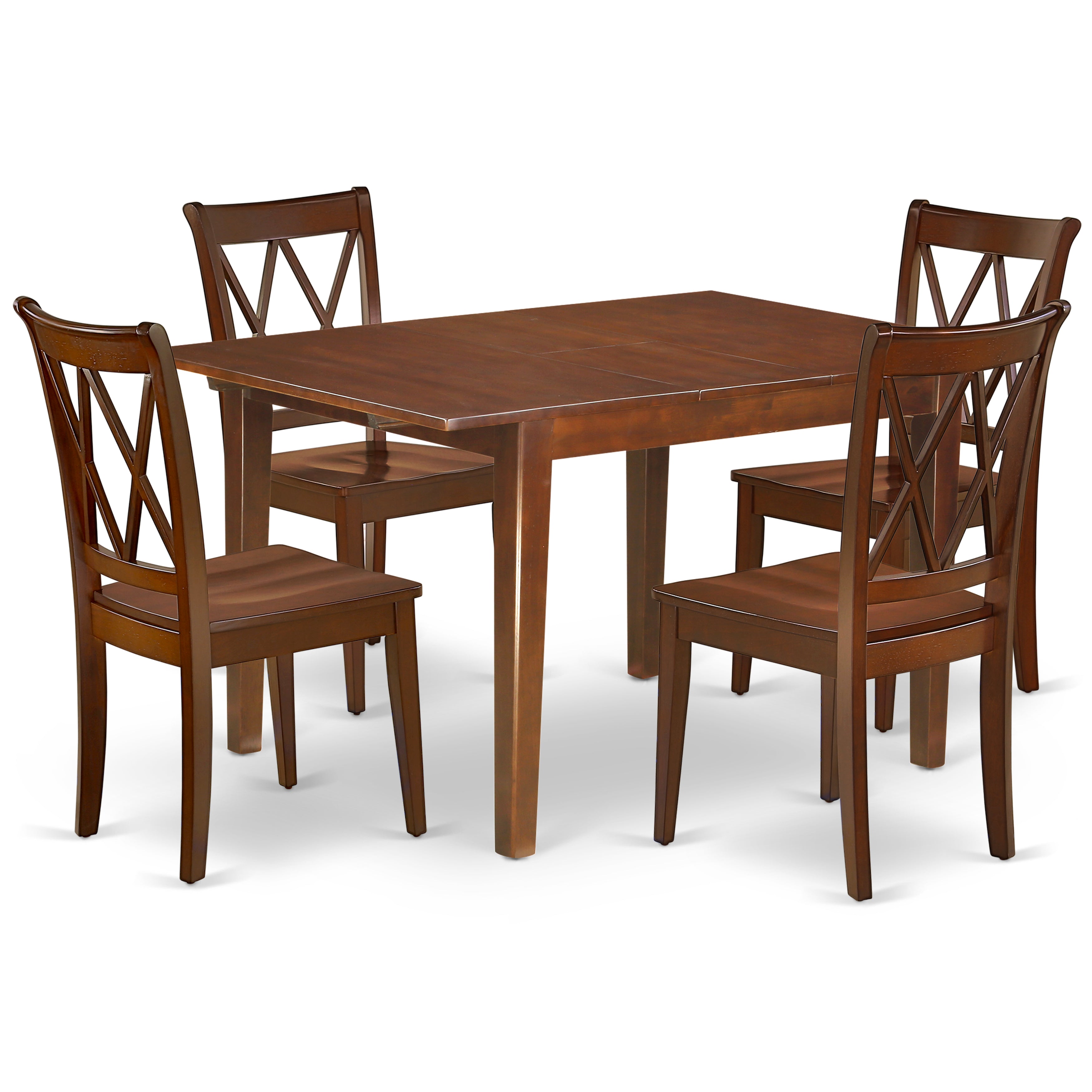 El juego de mesa y sillas de cocina de 5 piezas MLCL5-MAH-W de East West Furniture incluye una mesa de comedor rectangular con hojas de mariposa y 4 sillas con asiento de madera maciza.