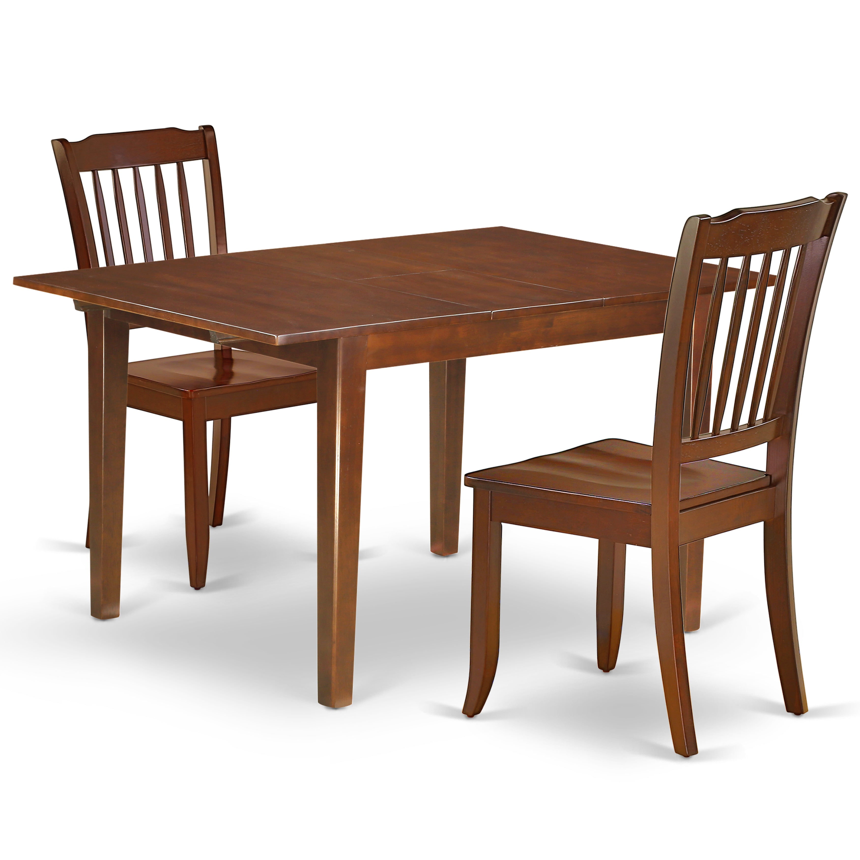 MLDA3-MAH-W 3PC Rectangular 42/54 inch Table with 12 In Leaf and 2 vertical slatted Chairs