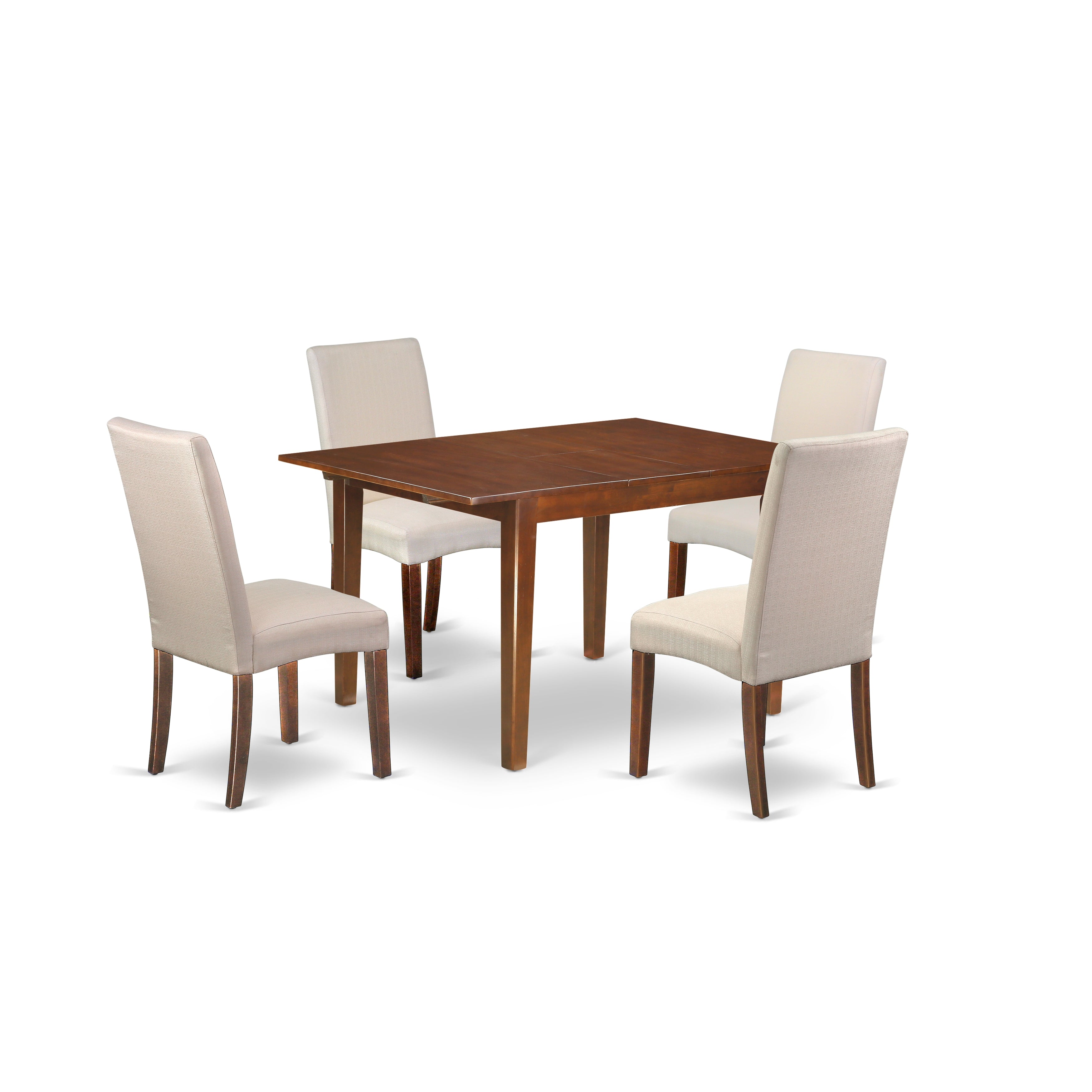 MLDR5-MAH-01 5Pc Rectangular 42/54" Dining Room Table With 12 In Self Storing Butterfly Leaf And Four Parson Chair With Mahogany Finish Leg And Linen Fabric- Cream Color