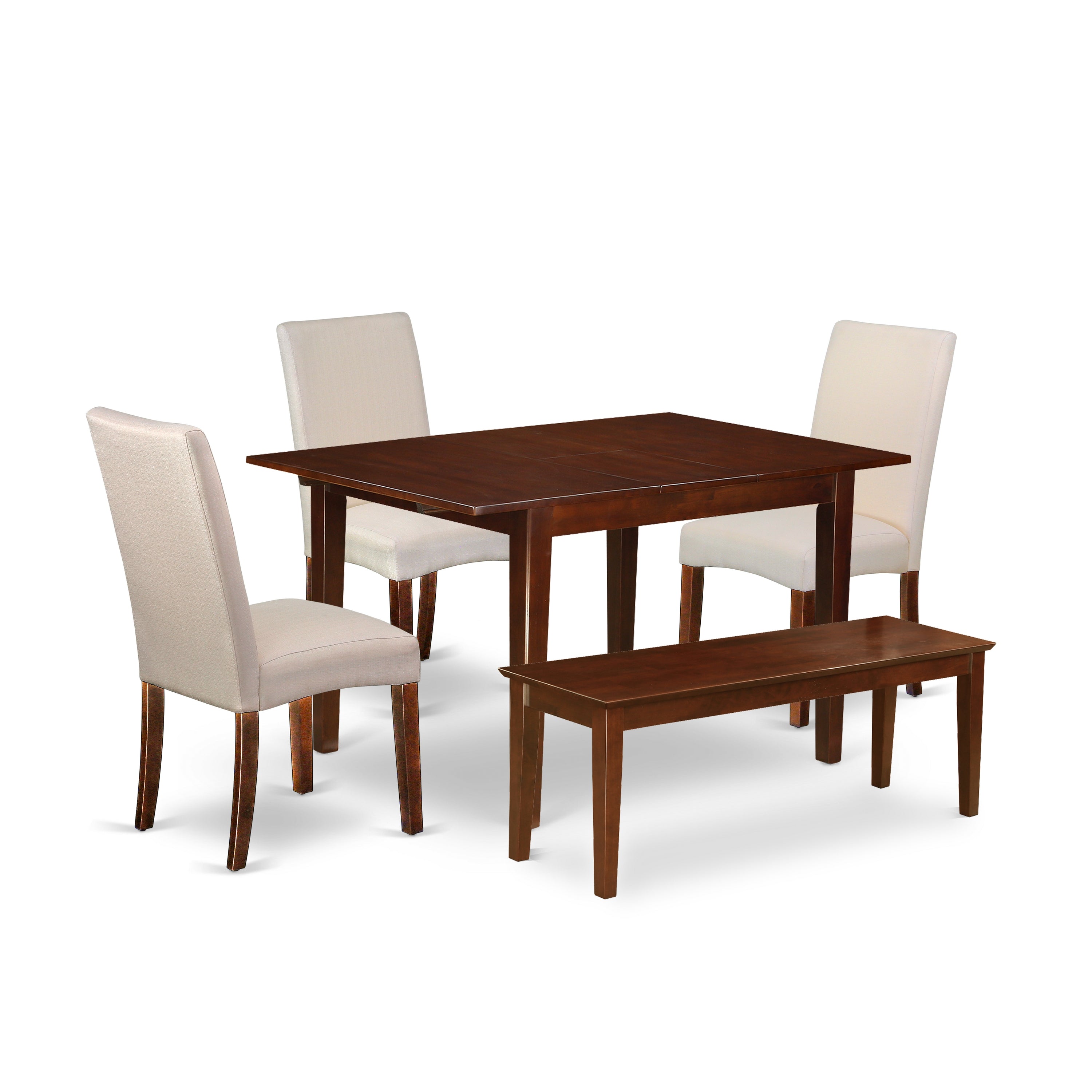 MLDR5C-MAH-01 7Pc Rectangle 42/54" Dining Table And 2 Parson Chair With Mahogany Finish Leg And Linen Fabric- Cream Color Plus 2 Bench