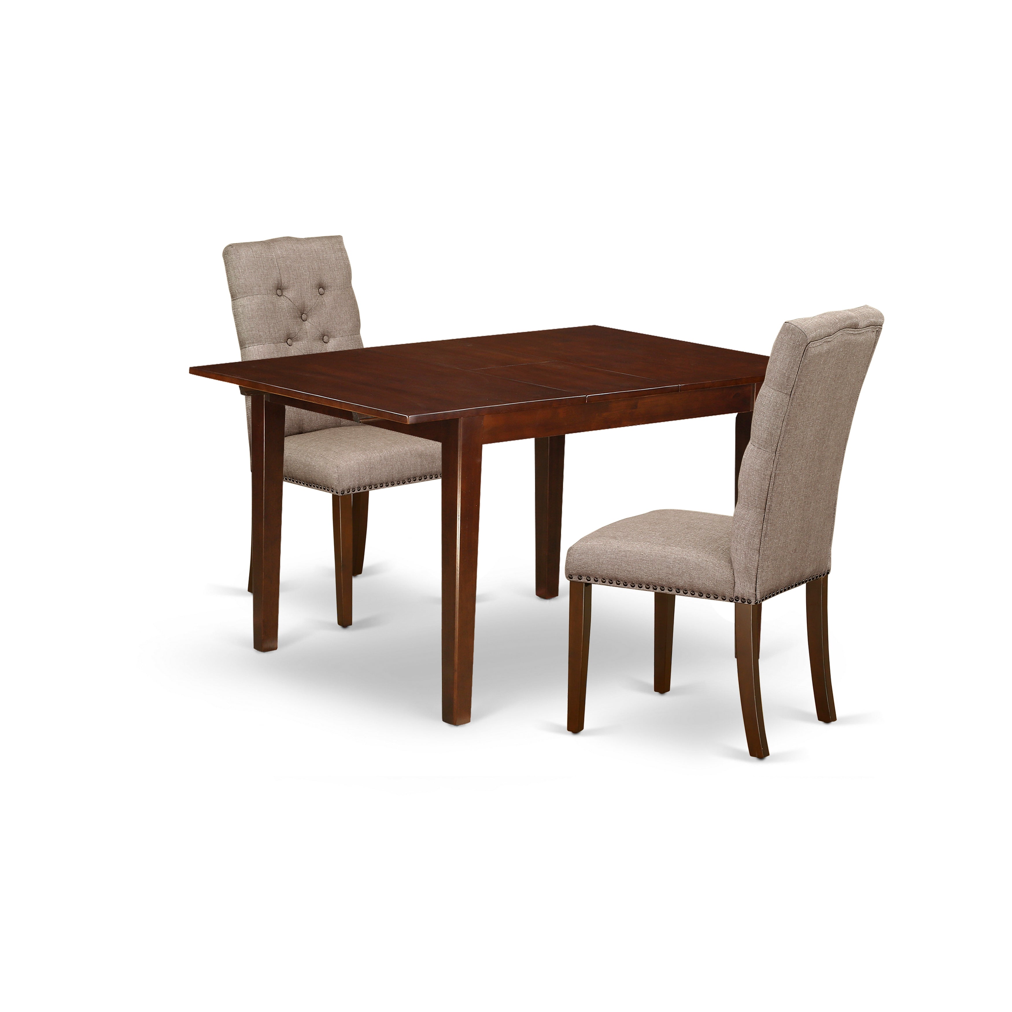 East West Furniture MLEL3-MAH-16 3-Pc Dining Set Included a Rectangular Dining Table with Butterfly Leaf & 2 Parson Dining Chairs, Dark Khaki Linen Fabric Parson Chairs Seat with Rubber Wood Legs, Mahogany Finish