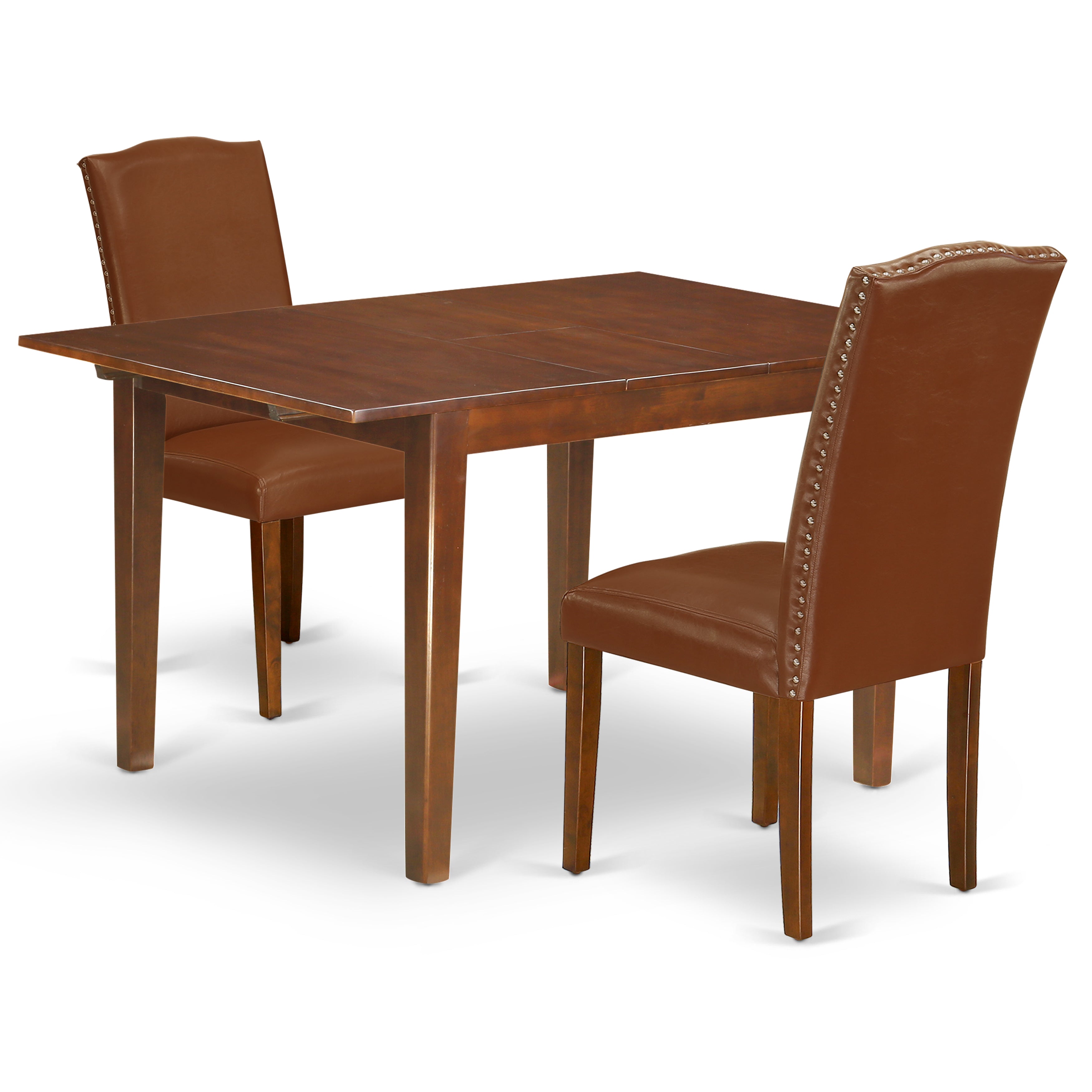 MLEN3-MAH-66 3Pc Rectangular 42/54" Dining Room Table With 12 In Butterfly Leaf And A Pair Of Parson Chair With Mahogany Leg And Brown Flaux Leather
