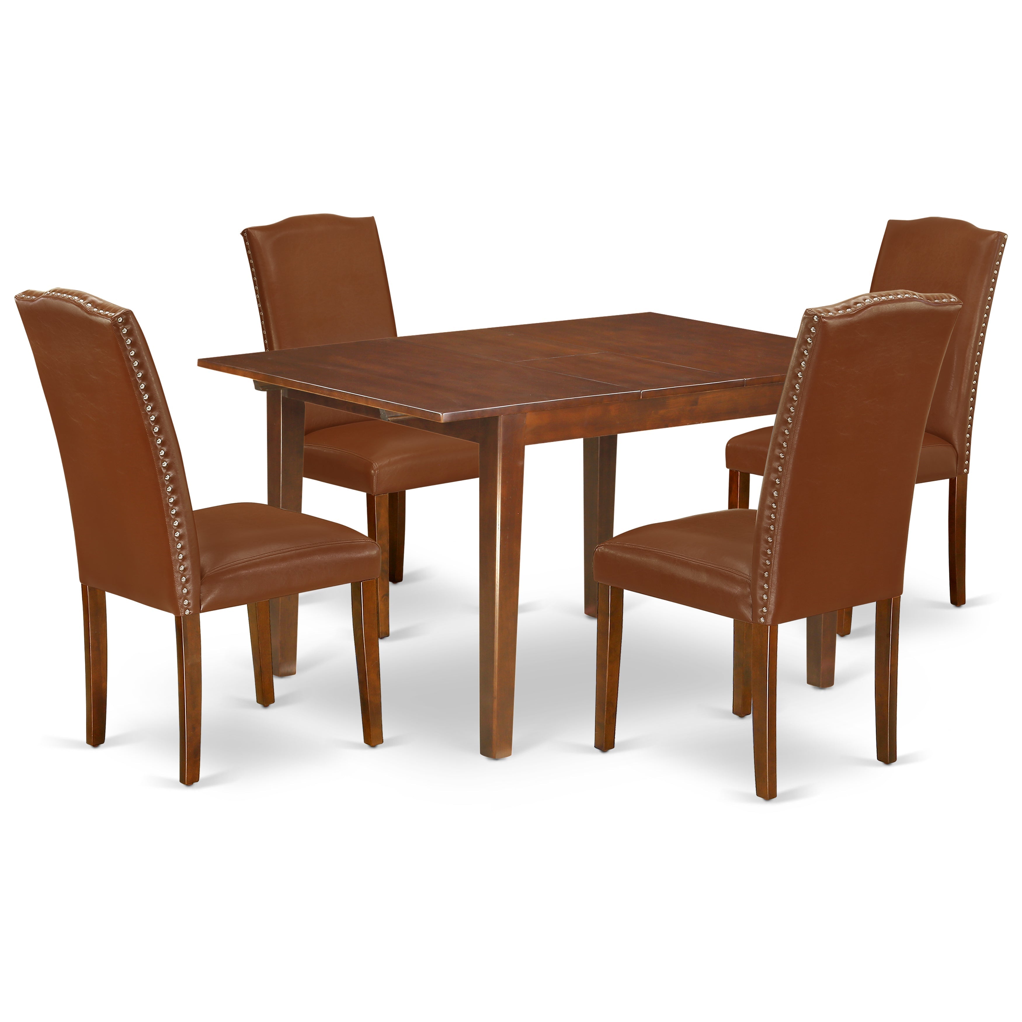 MLEN5-MAH-66 5Pc Rectangular 42/54" Dining Room Table With 12 In Self Storing Butterfly Leaf And Four Parson Chair With Mahogany Leg And Brown Flaux Leather