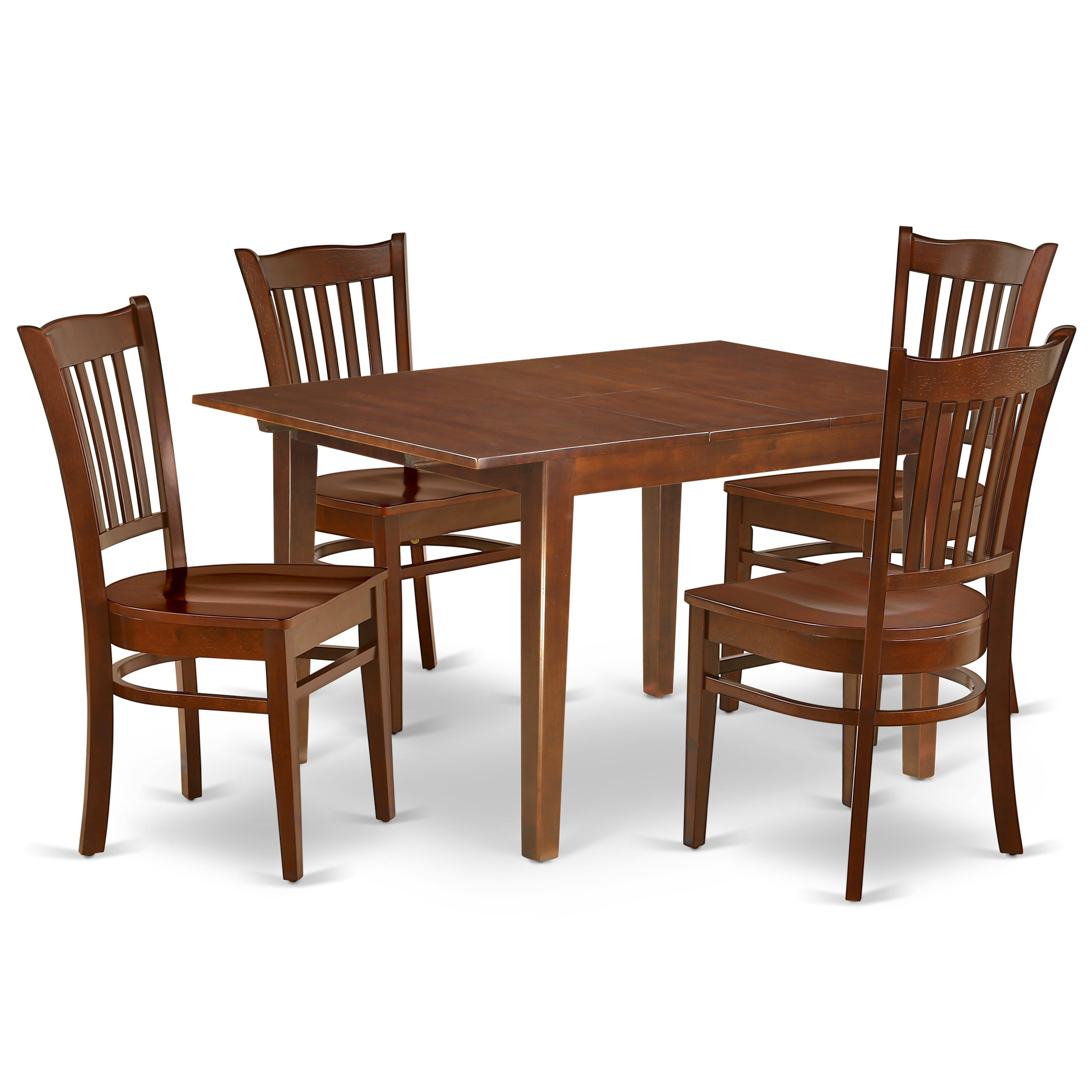 El juego de comedor de 5 piezas East West Furniture MLGR5-MAH-W incluye una mesa de cocina rectangular con diseño de hojas de mariposa y 4 sillas de comedor.