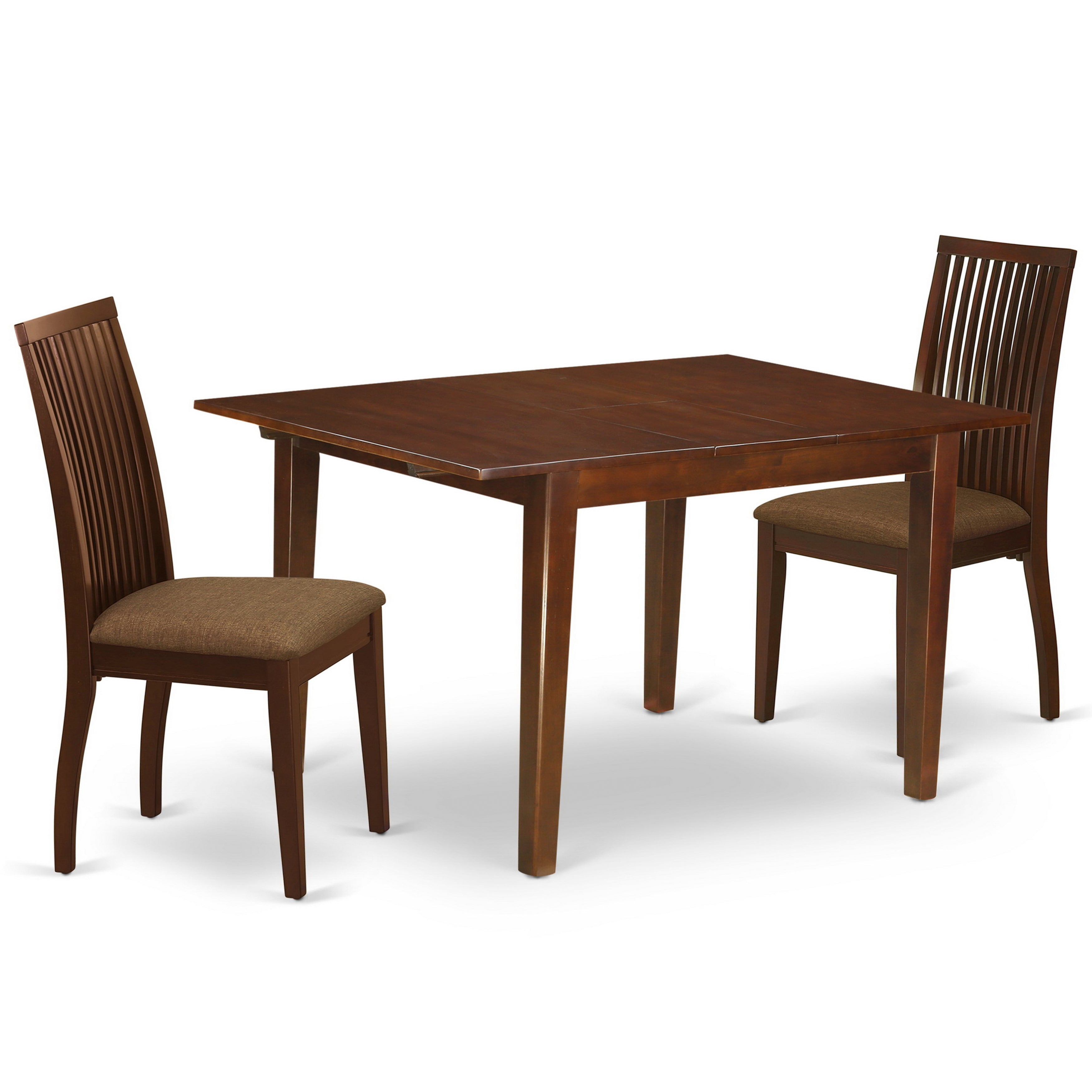 El juego de mesa de comedor de 3 piezas MLIP3-MAH-C de East West Furniture incluye una mesa de comedor rectangular con hojas de mariposa y dos sillas tapizadas en tela de lino.