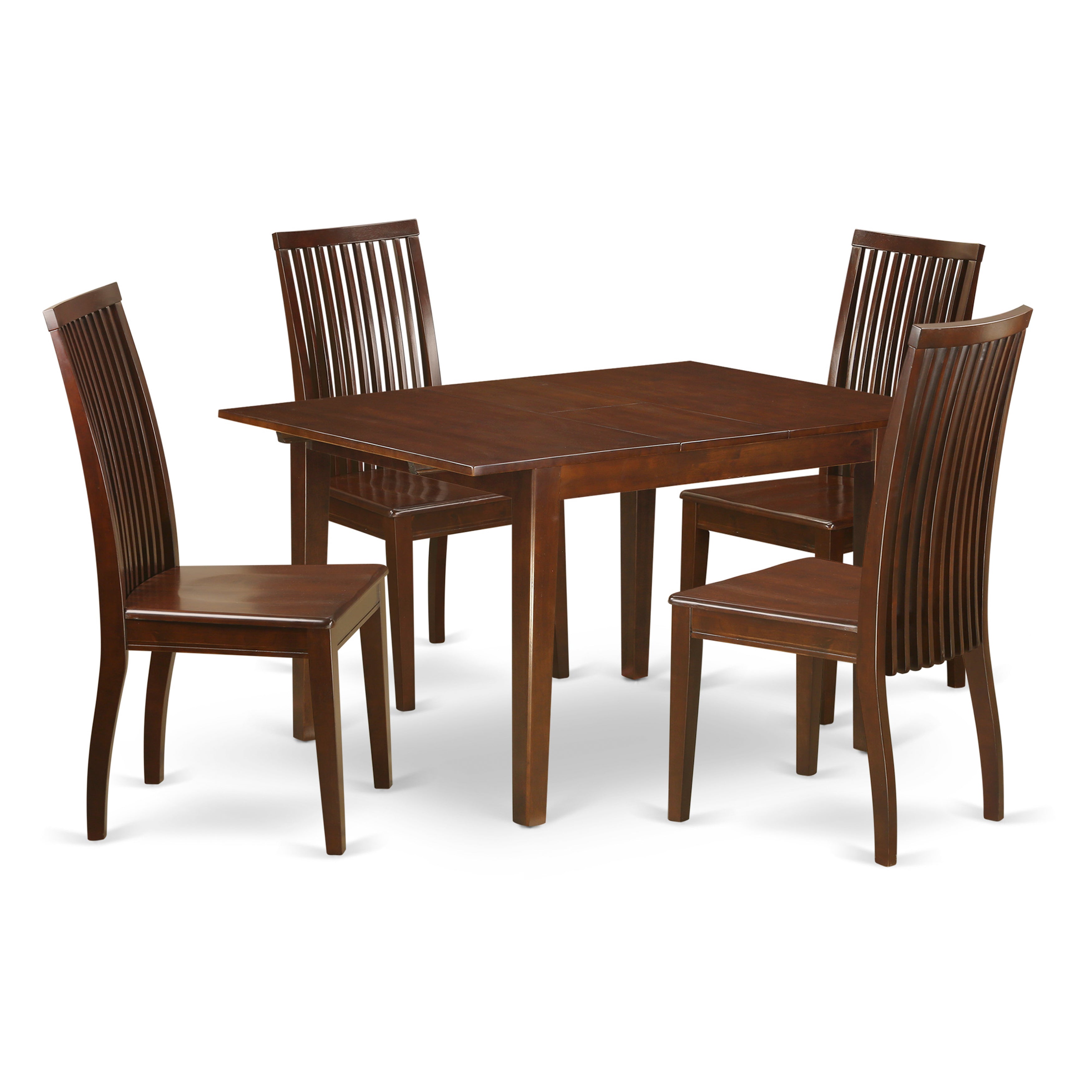 El juego de comedor de 5 piezas MLIP5-MAH-W de East West Furniture incluye una mesa de comedor rectangular con diseño de hojas de mariposa y 4 sillas de cocina.