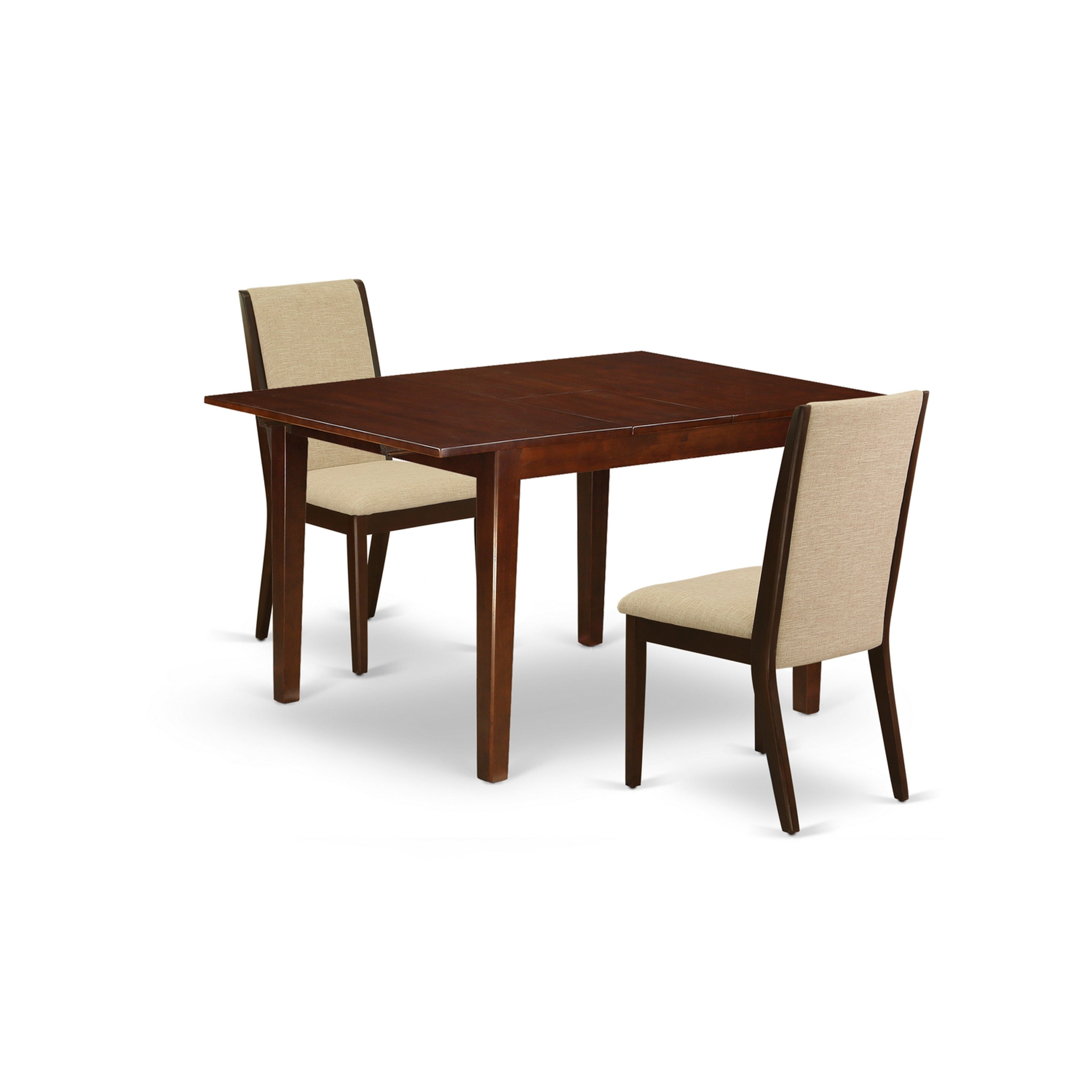 East West Furniture MLLA3-MAH-04 3-Piece Kitchen Set Included a Rectangular Butterfly Leaf Living Room Table & 2 Parson Dining Chairs, Light Tan Linen Fabric Dining Chairs Seat with Rubber Wood Legs, Mahogany Finish