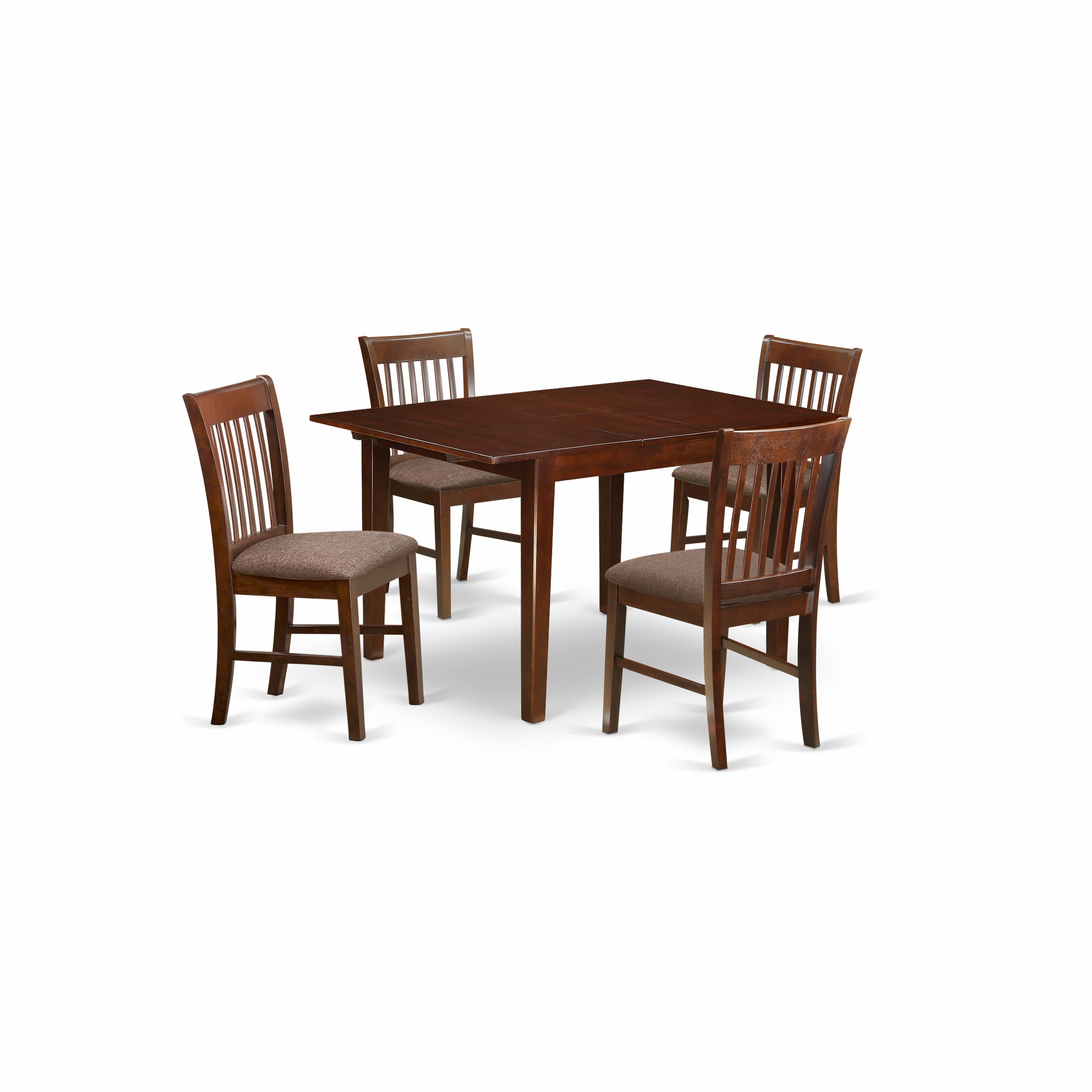 El juego de mesa de cocina de 5 piezas MLNO5-MAH-C de East West Furniture incluye una mesa de comedor rectangular con diseño de hojas de mariposa y 4 sillas tapizadas en tela de lino.