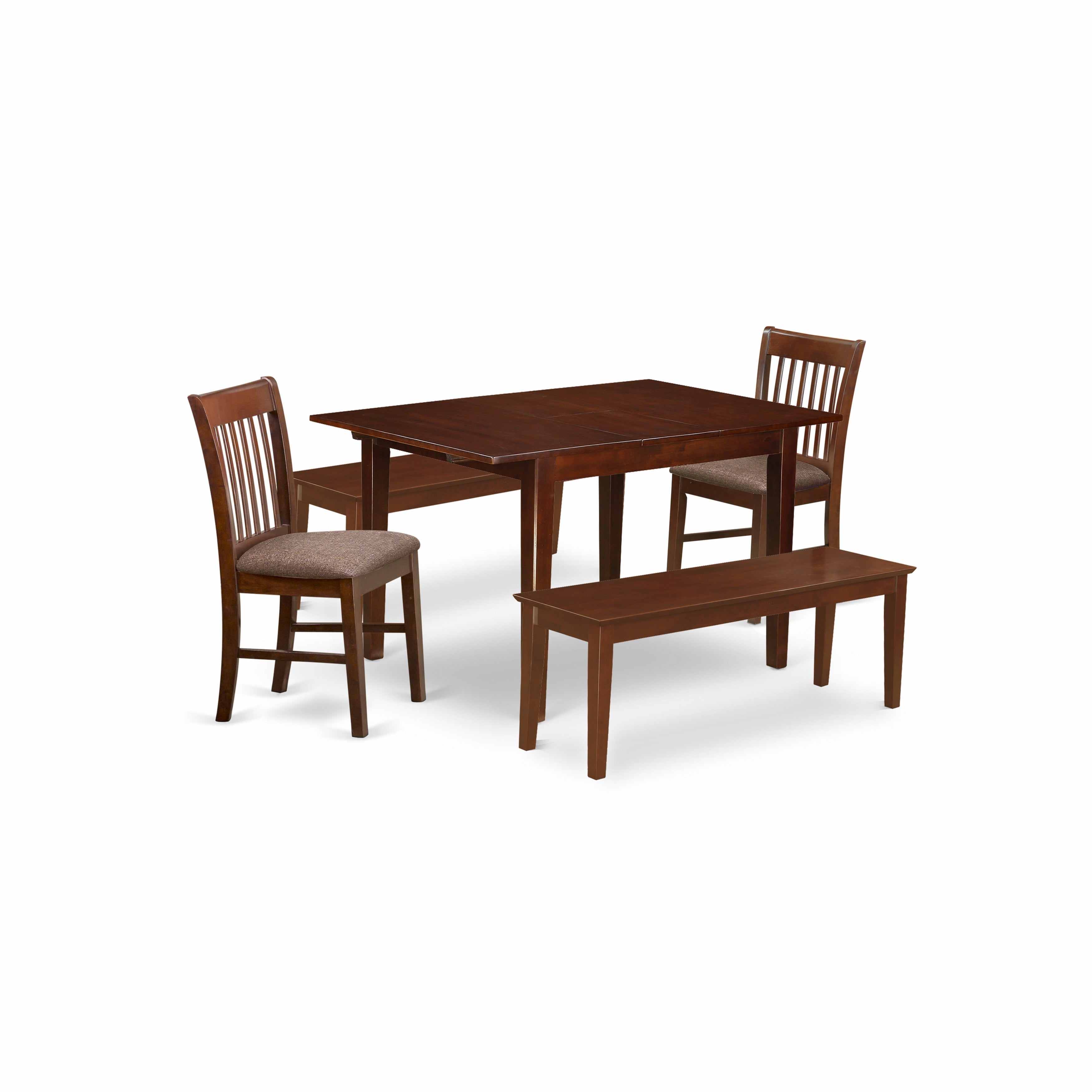 Juego de comedor de 5 piezas East West Furniture MLNO5C-MAH-C. Incluye una mesa de comedor rectangular con diseño de hojas de mariposa y dos sillas de cocina de tela de lino con dos bancos.