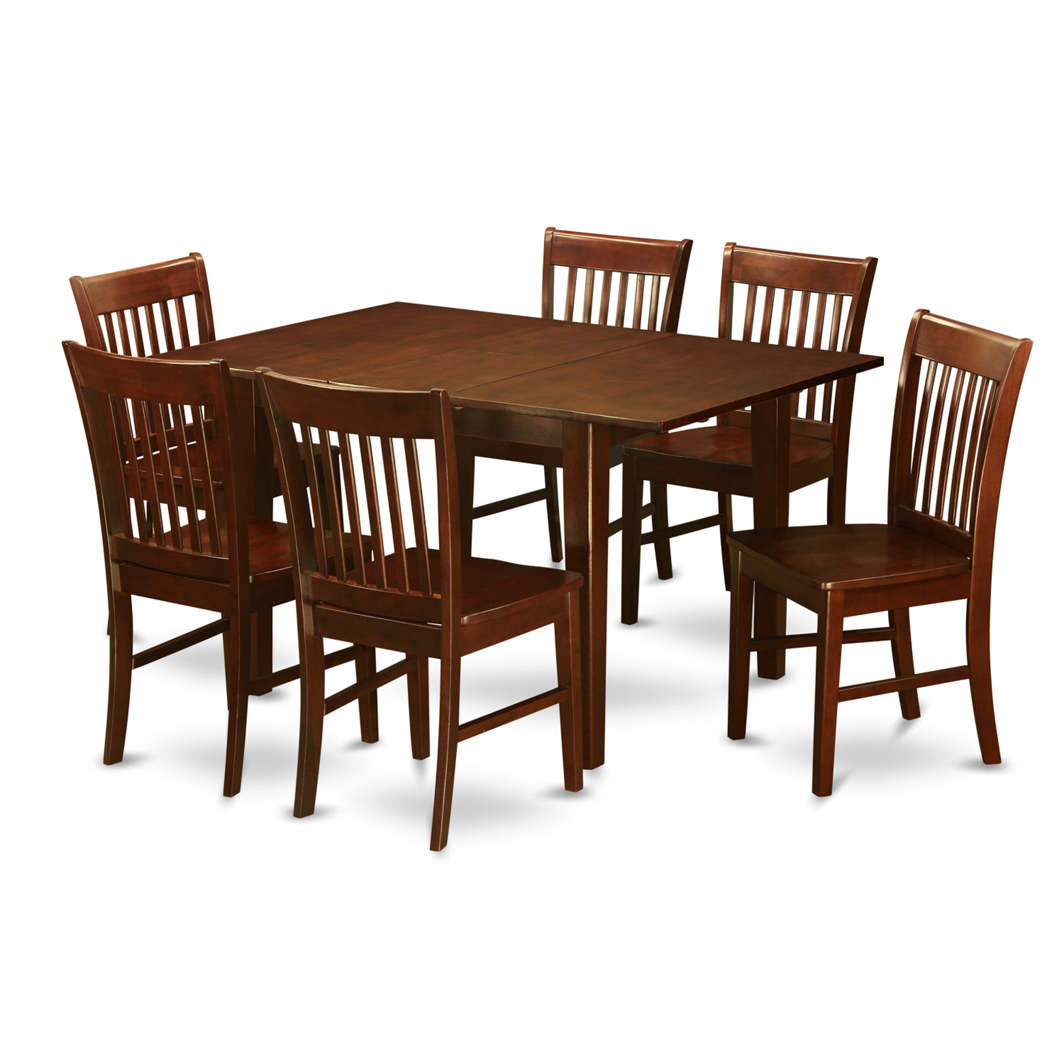 Juego de mesa de comedor de 7 piezas East West Furniture MLNO7-MAH-W compuesto por una mesa rectangular de madera con diseño de hojas de mariposa y 6 sillas de comedor.