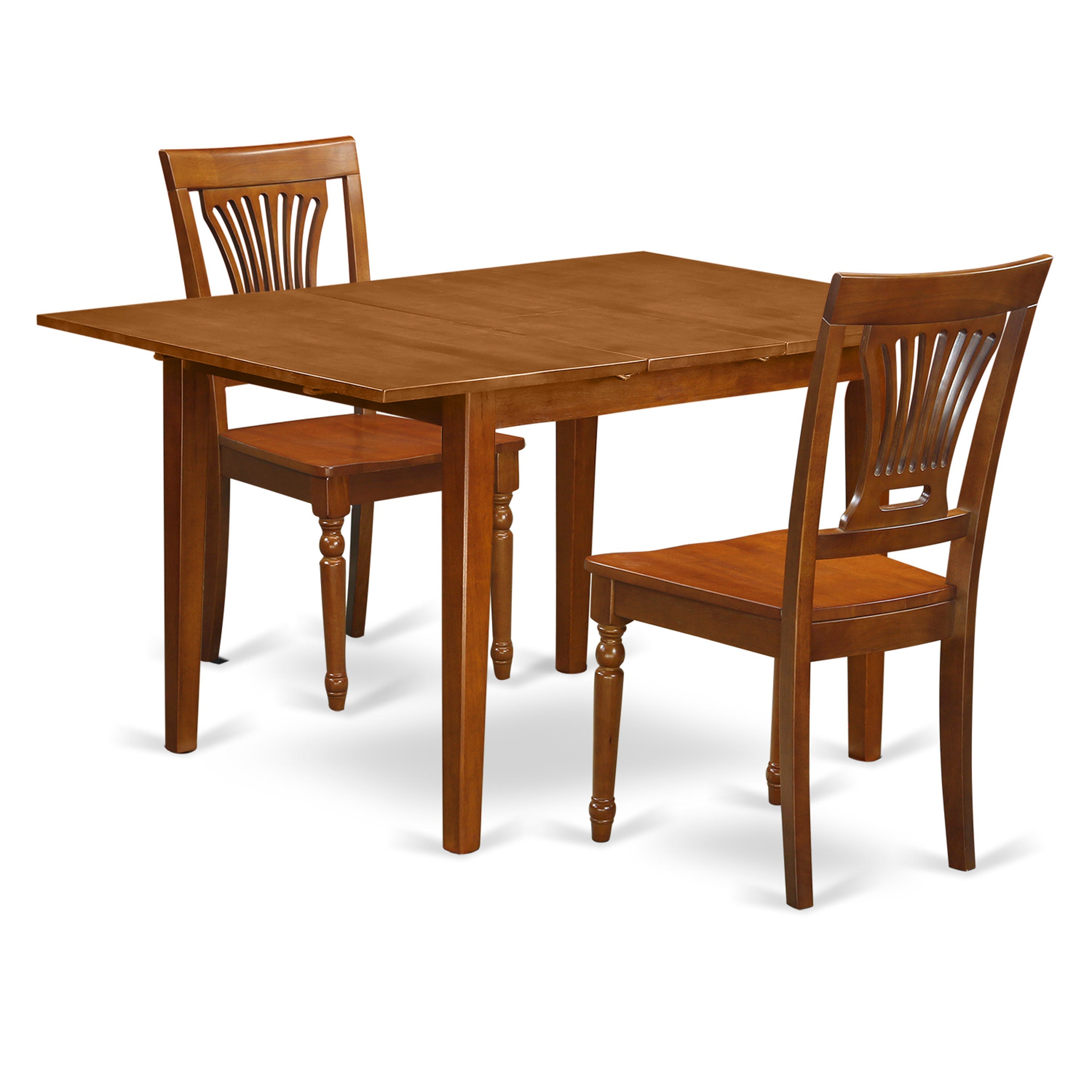 Juego de mesa de comedor moderna de 3 piezas East West Furniture MLPL3-SBR-W. Incluye una mesa rectangular de madera con diseño de hojas de mariposa y dos sillas de comedor.