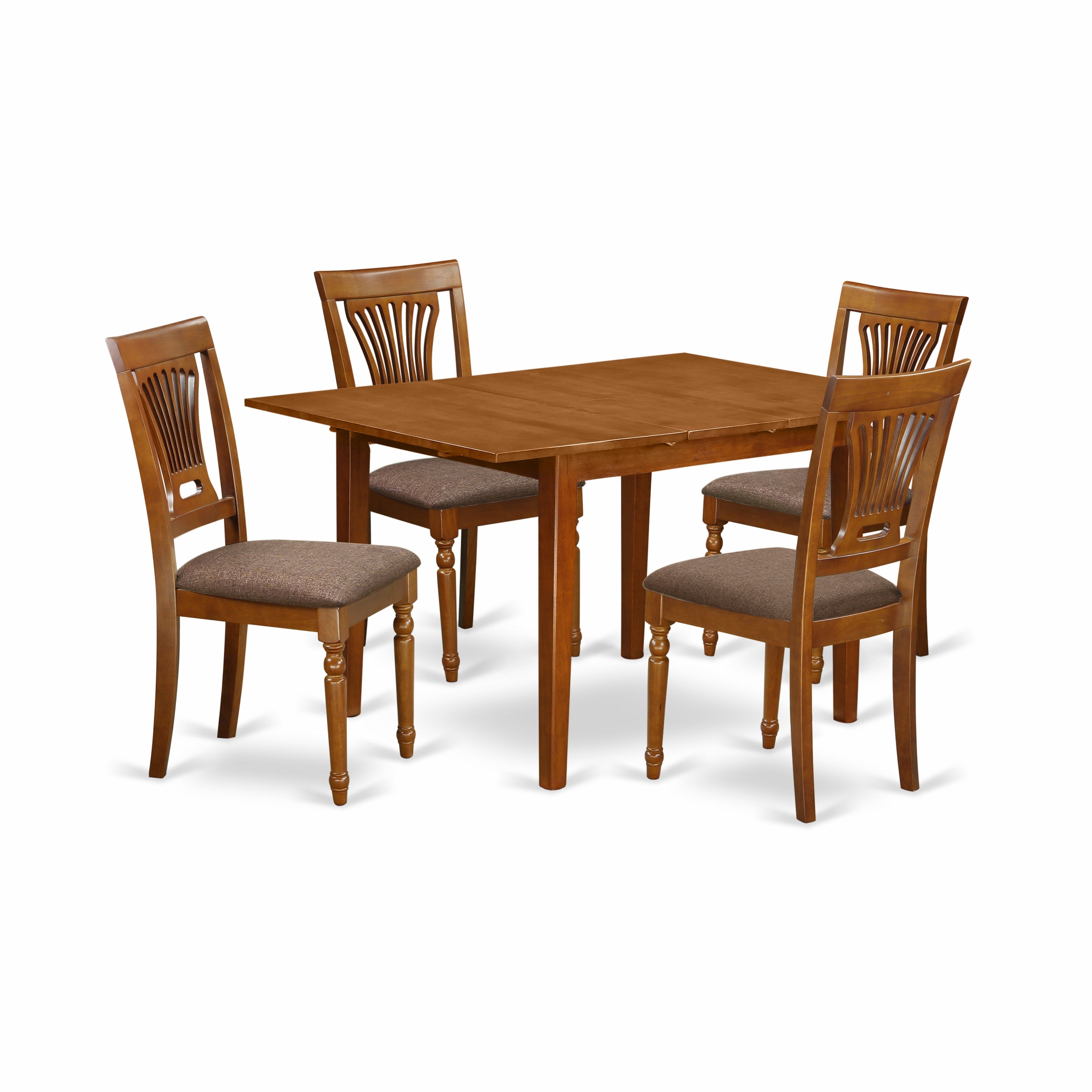 El juego de comedor de 5 piezas East West Furniture MLPL5-SBR-C incluye una mesa de comedor rectangular con hojas de mariposa y 4 sillas tapizadas en tela de lino.