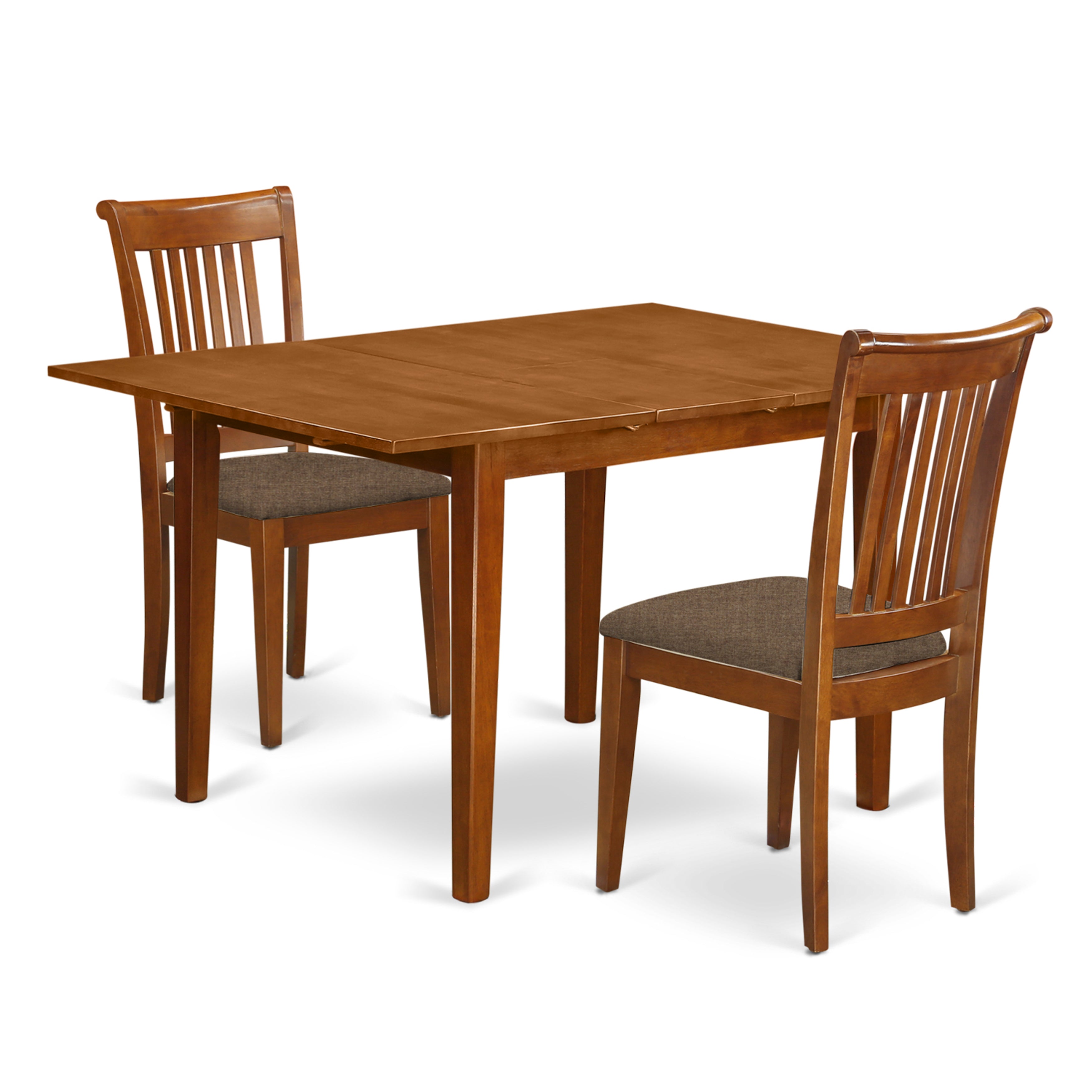 Juego de mesa de cocina de 3 piezas MLPO3-SBR-C de East West Furniture. Incluye una mesa de comedor rectangular con diseño de hojas de mariposa y dos sillas tapizadas en tela de lino.
