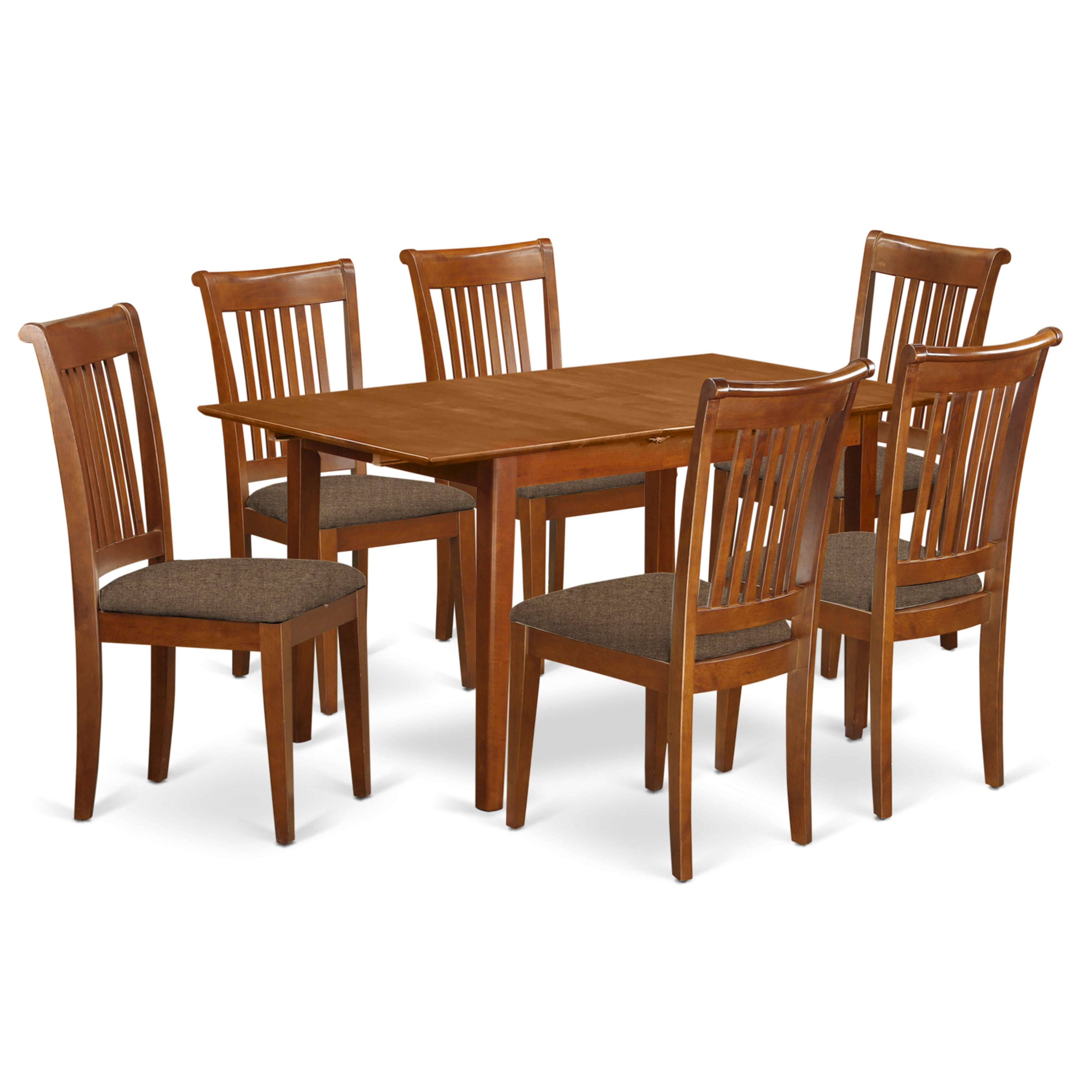 Juego de comedor de 7 piezas East West Furniture MLPO7-SBR-C: mesa rectangular con diseño de hojas de mariposa y 6 sillas tapizadas en tela de lino.